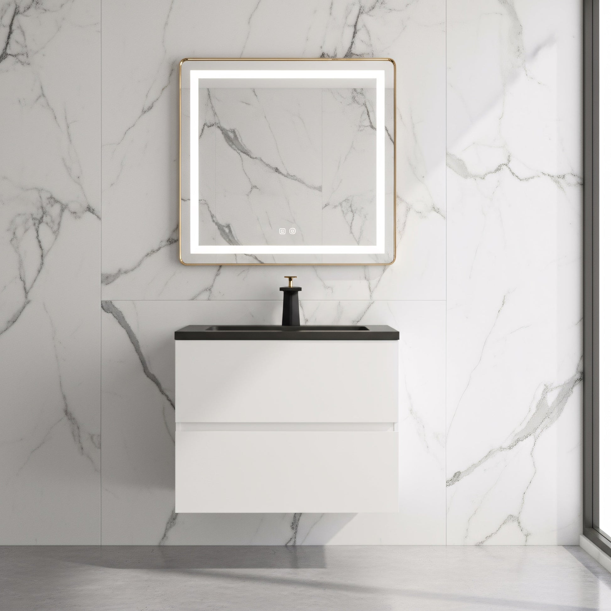 24" White Wall Mount Bathroom Vanity with Black Engineered Quartz Countertop-Migration_Bathroom Vanities-DECOROLALA