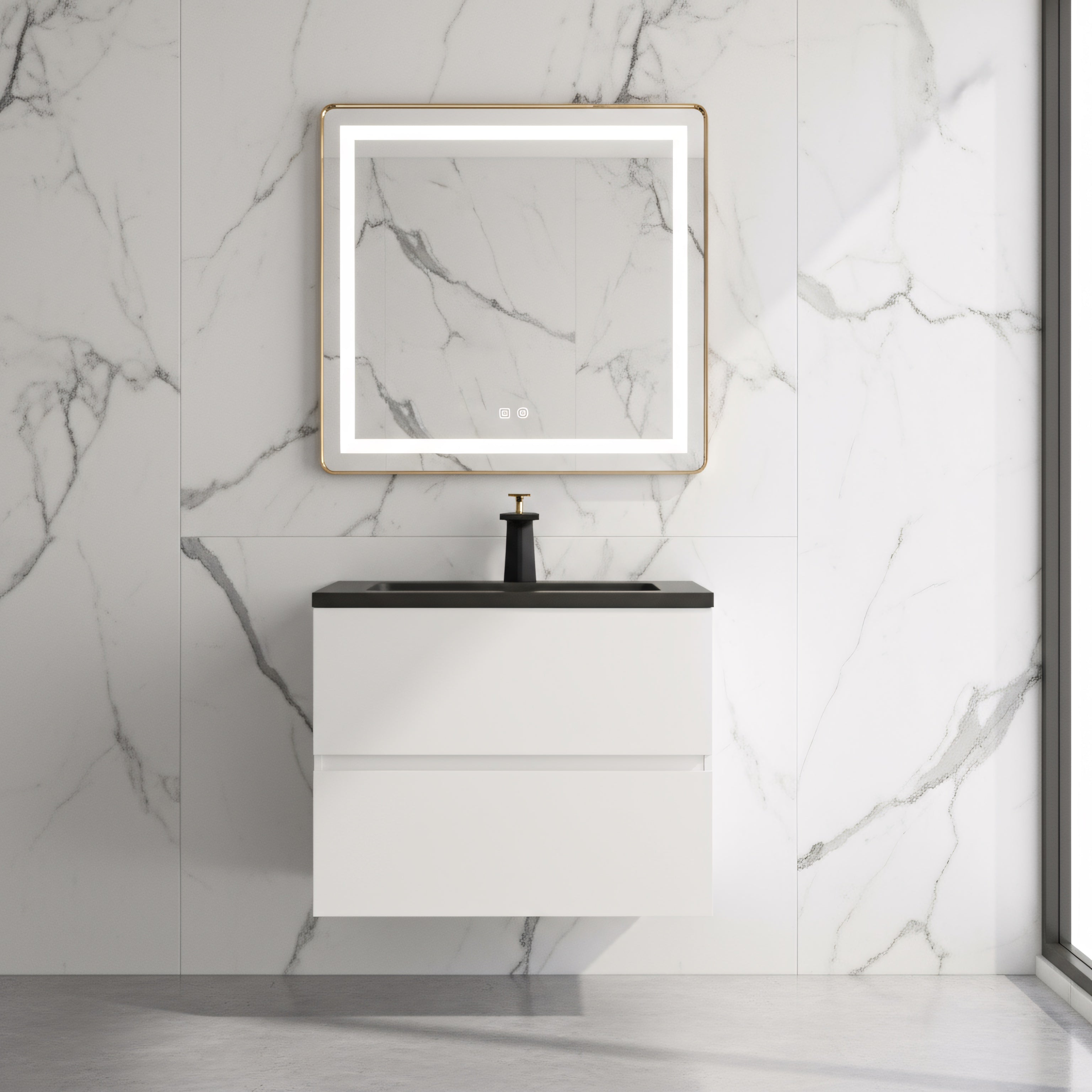 24" White Wall Mount Bathroom Vanity with Black Engineered Quartz Countertop-Migration_Bathroom Vanities-DECOROLALA