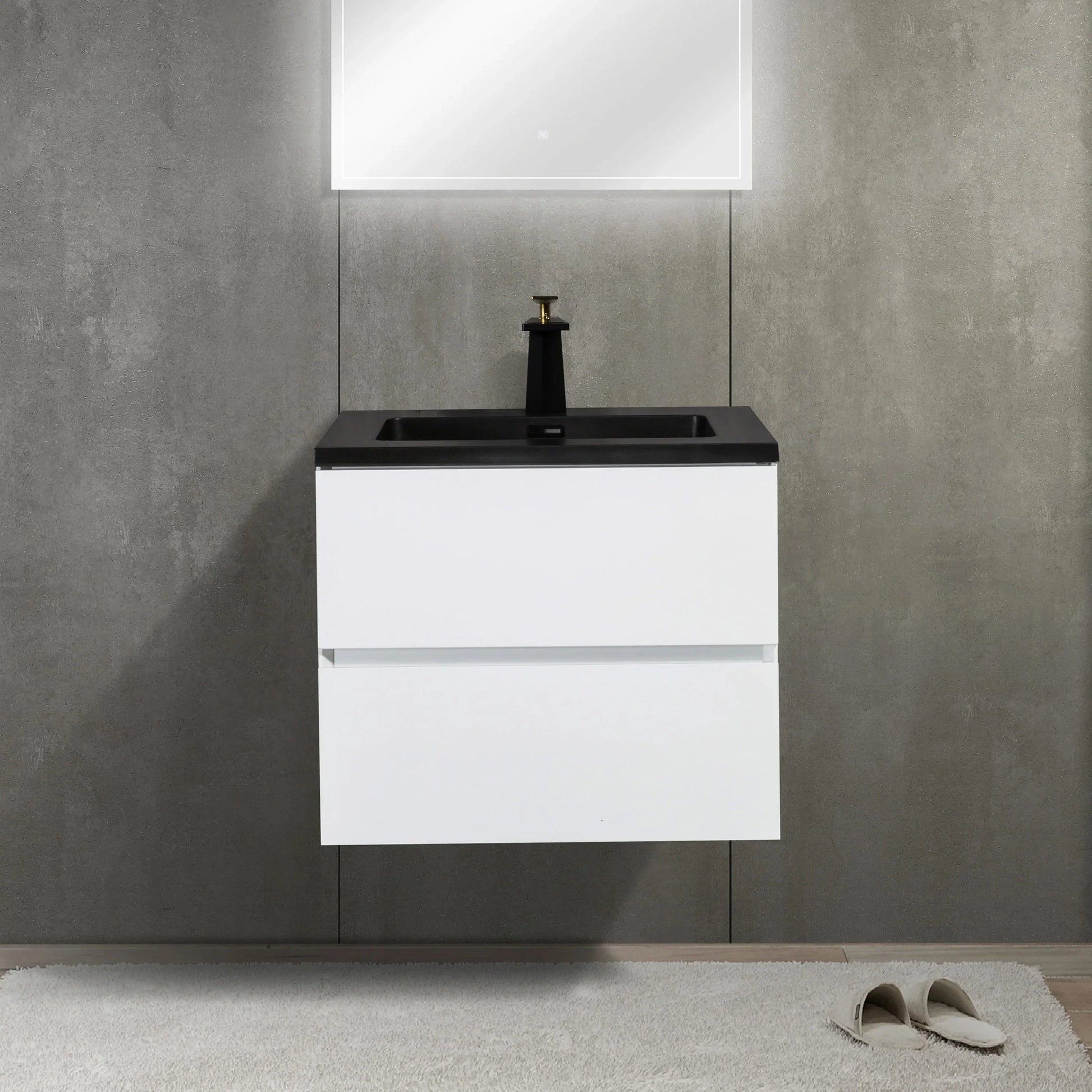 24" White Wall Mount Bathroom Vanity with Black Engineered Quartz Countertop-Migration_Bathroom Vanities-DECOROLALA