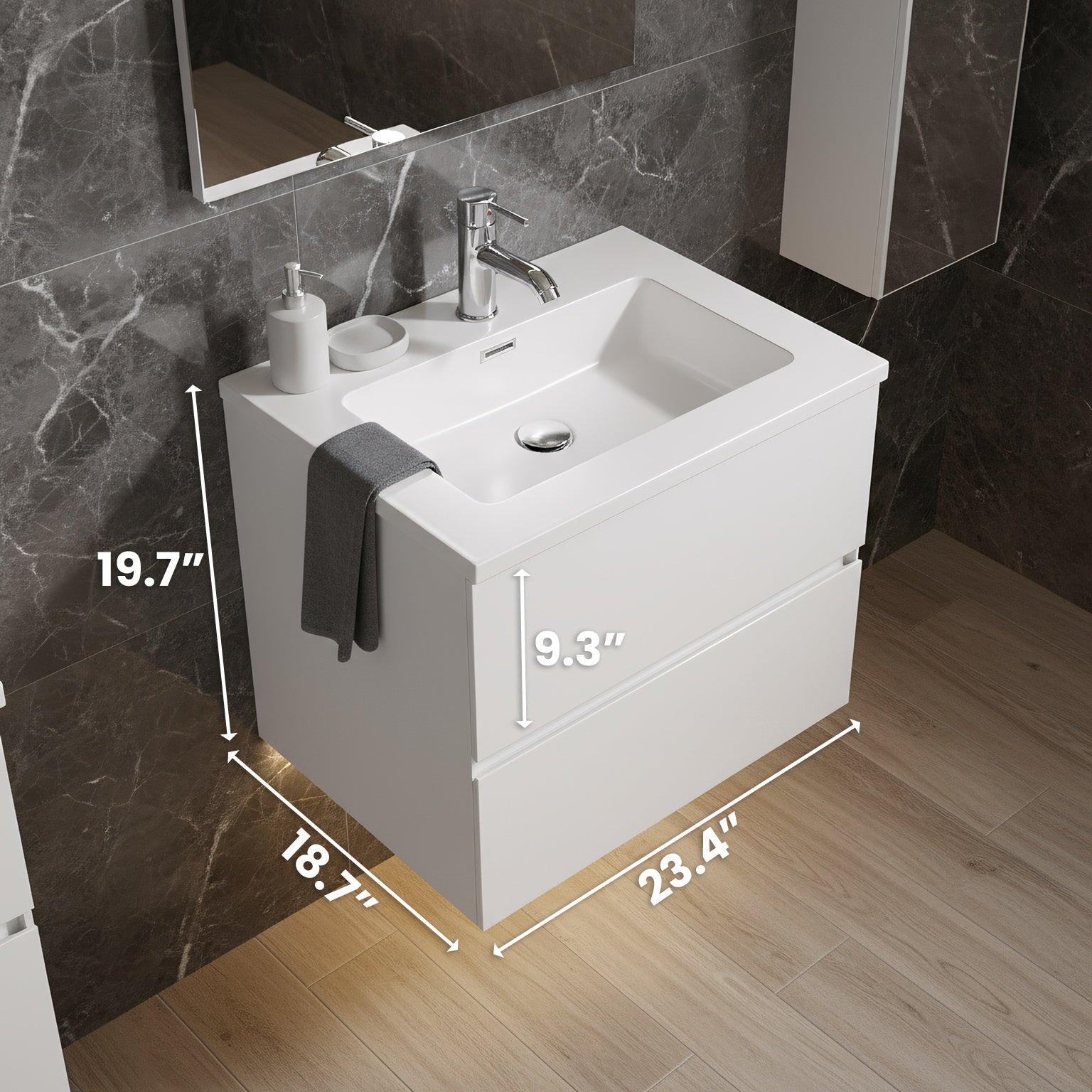 24" White Wall Mount Single Sink Bathroom Vanity with White Polymarble Countertop-Migration_Bathroom Vanities-DECOROLALA