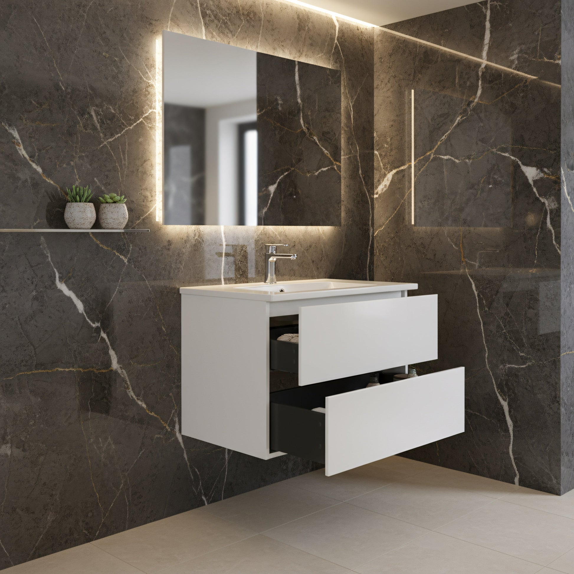 24" White Wall Mount Single Sink Bathroom Vanity with White Polymarble Countertop-Migration_Bathroom Vanities-DECOROLALA