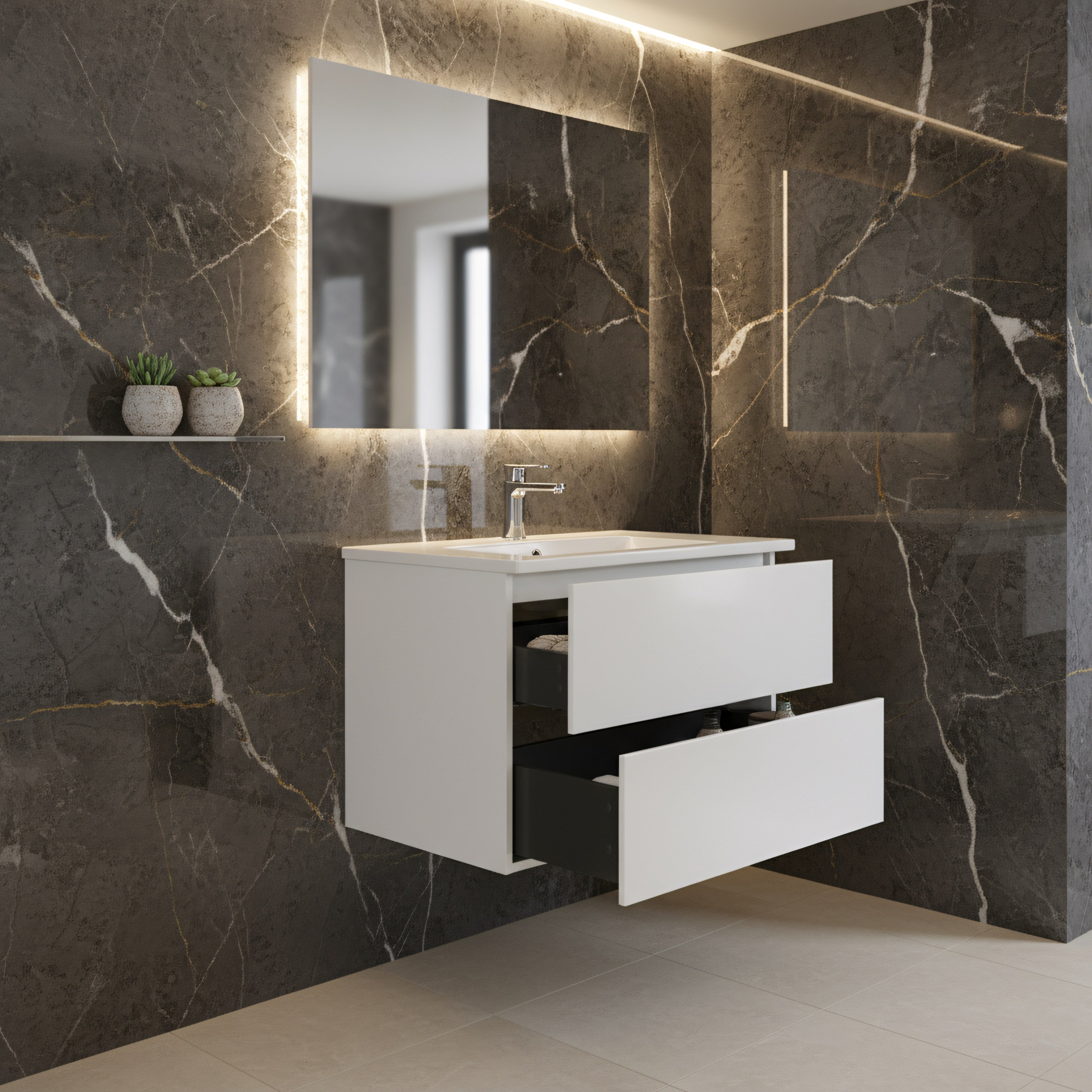 24" White Wall Mount Single Sink Bathroom Vanity with White Polymarble Countertop-Migration_Bathroom Vanities-DECOROLALA