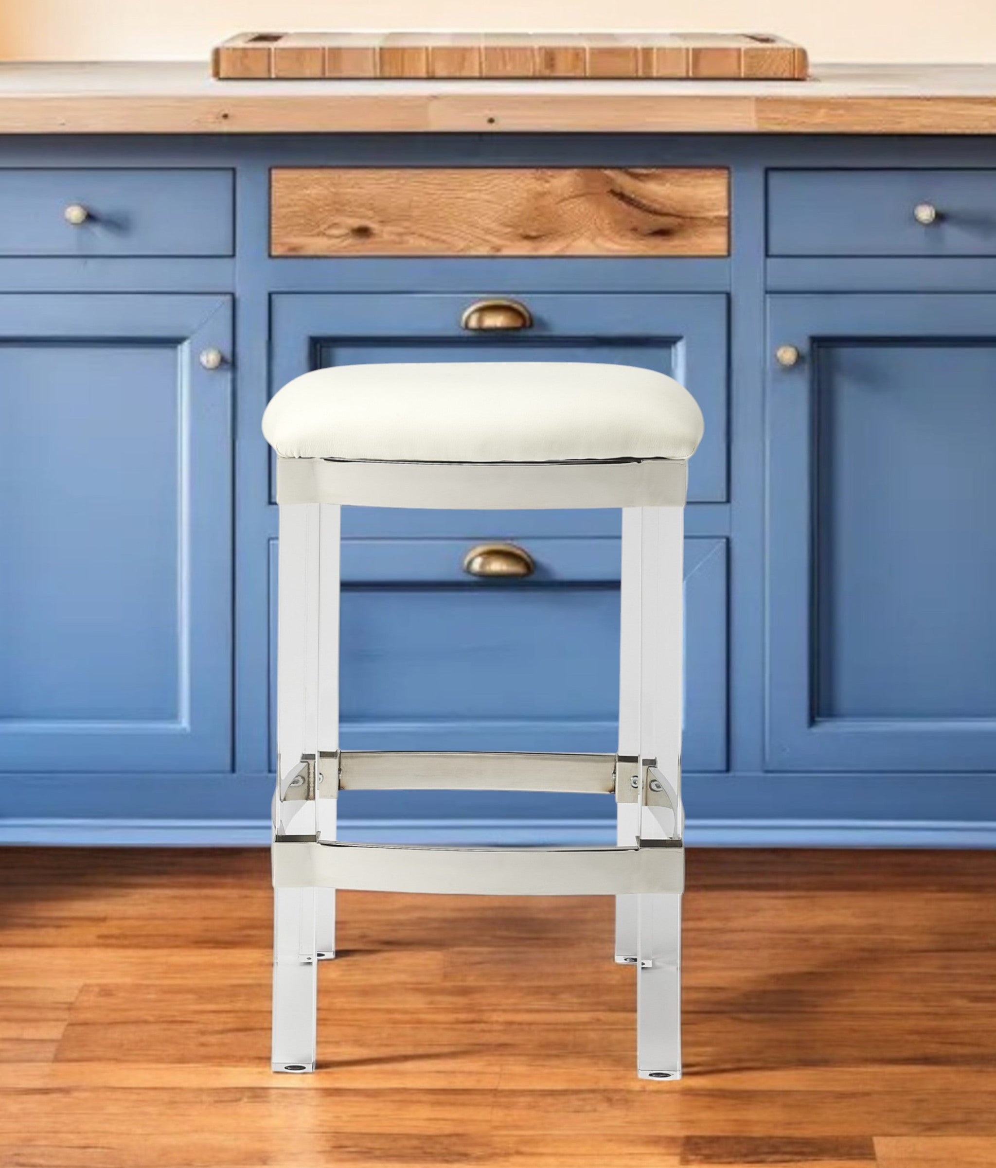 24" White and Clear Stainless Steel and Acrylic Backless Counter Height Bar Chair-Bar Chairs-DECOROLALA