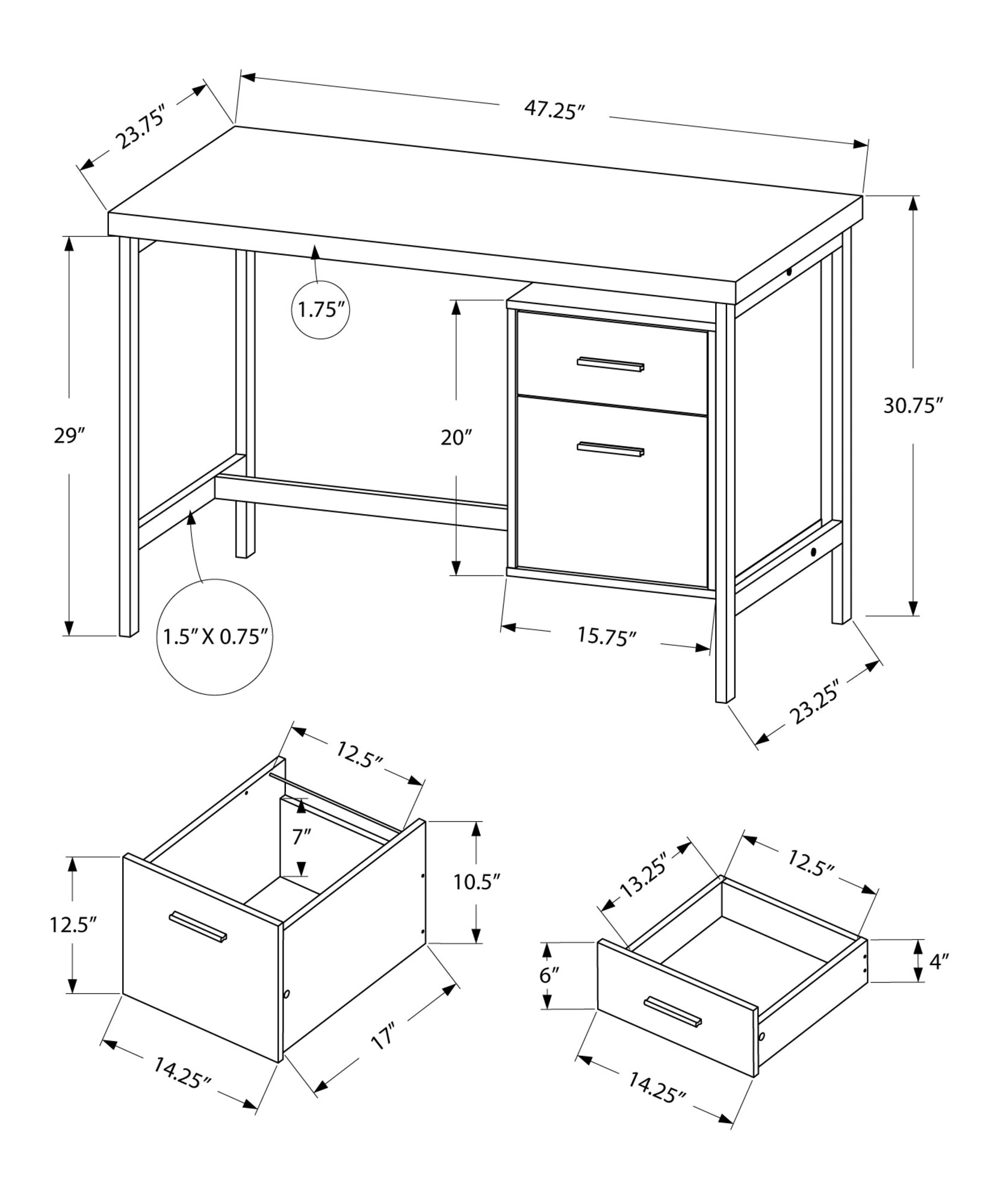 24" White and Silver Computer Desk With Two Drawers-Desks-DECOROLALA