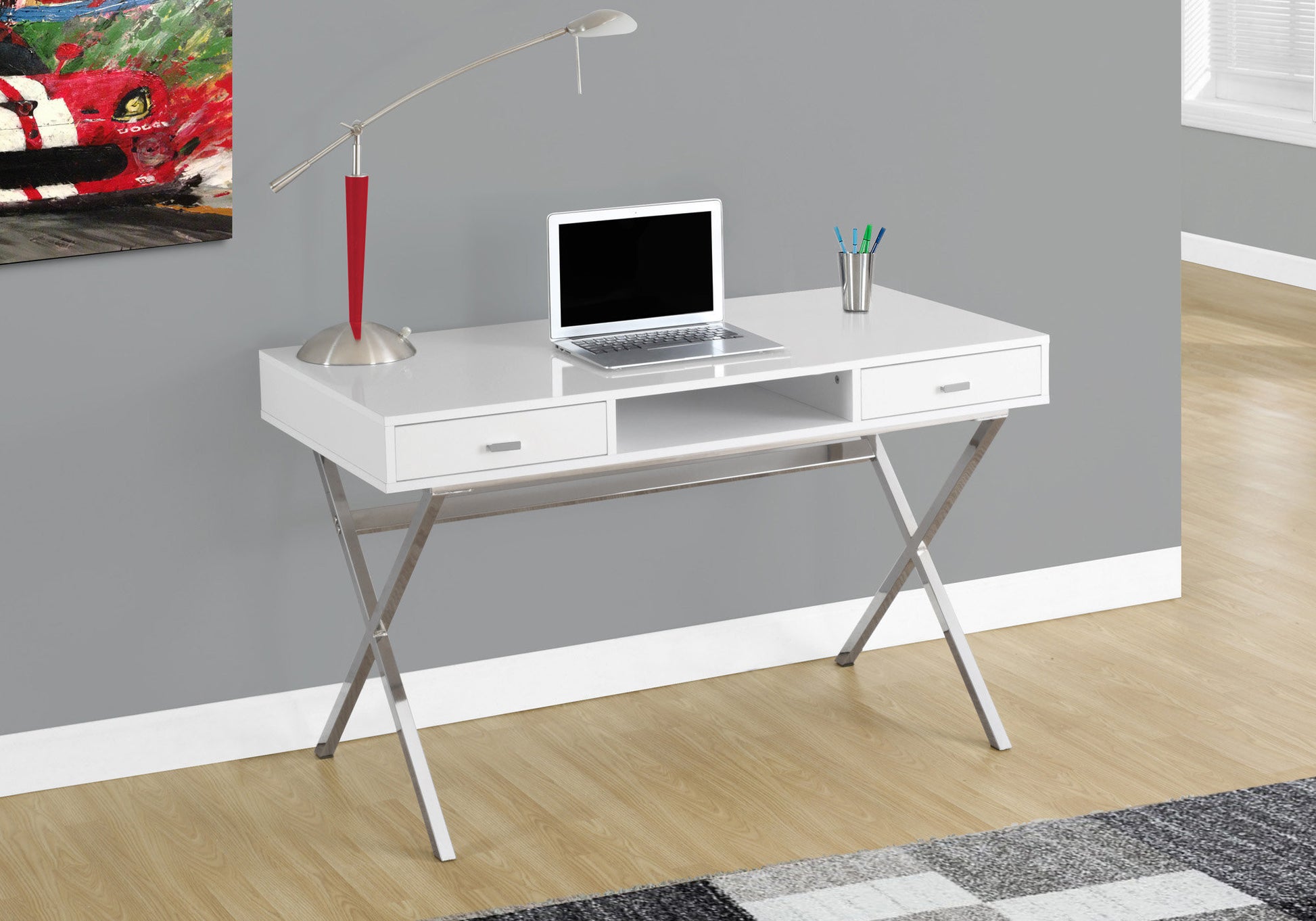 24" White and Silver Computer Desk With Two Drawers-Desks-DECOROLALA