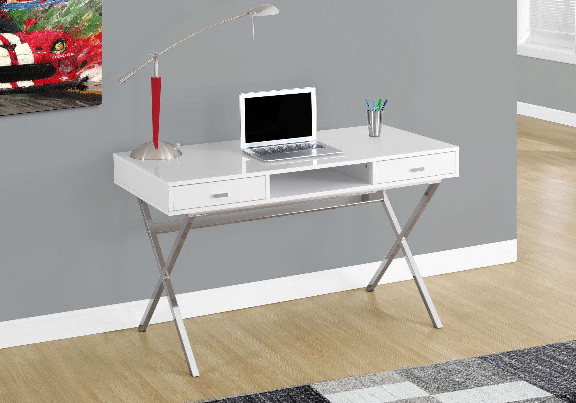 24" White and Silver Computer Desk With Two Drawers-Desks-DECOROLALA