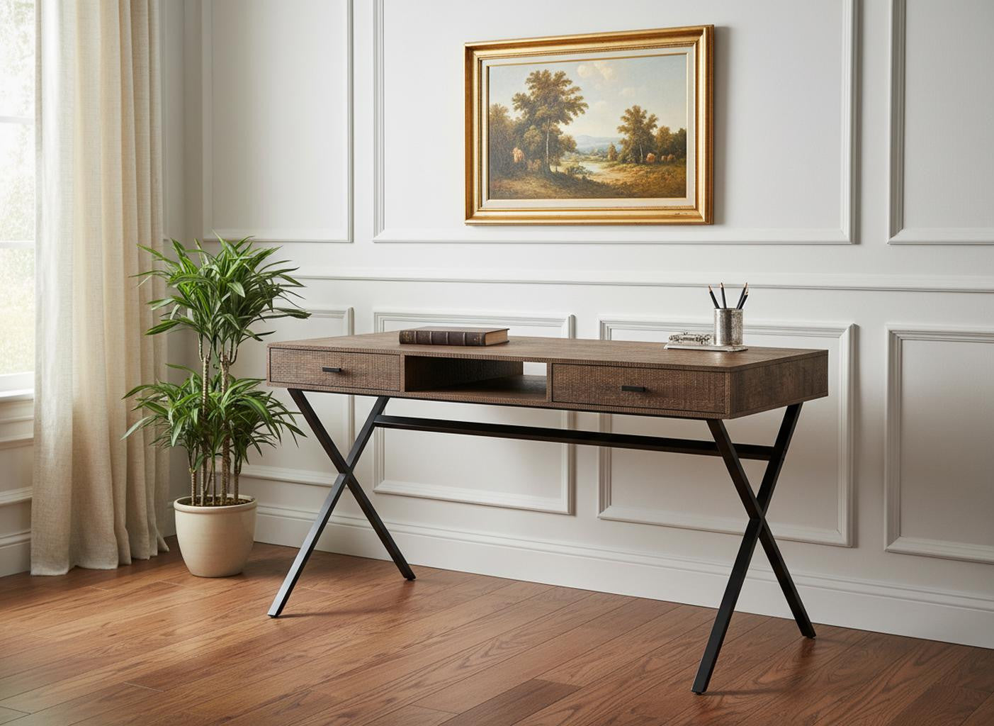 24" White and Silver Computer Desk With Two Drawers-Desks-DECOROLALA