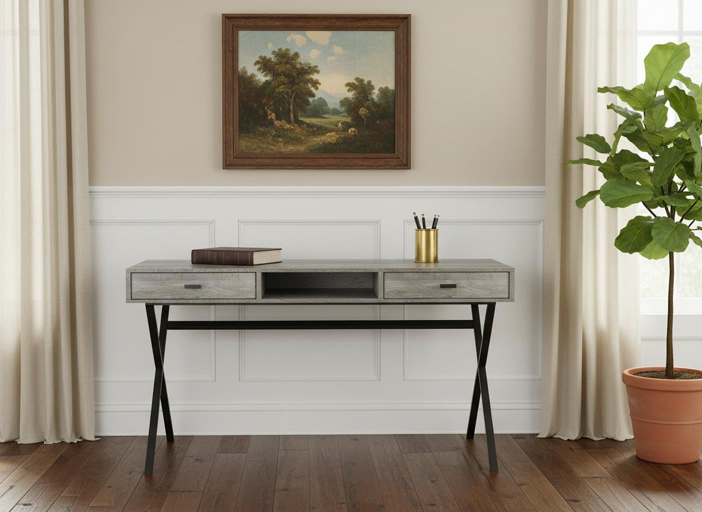 24" White and Silver Computer Desk With Two Drawers-Desks-DECOROLALA