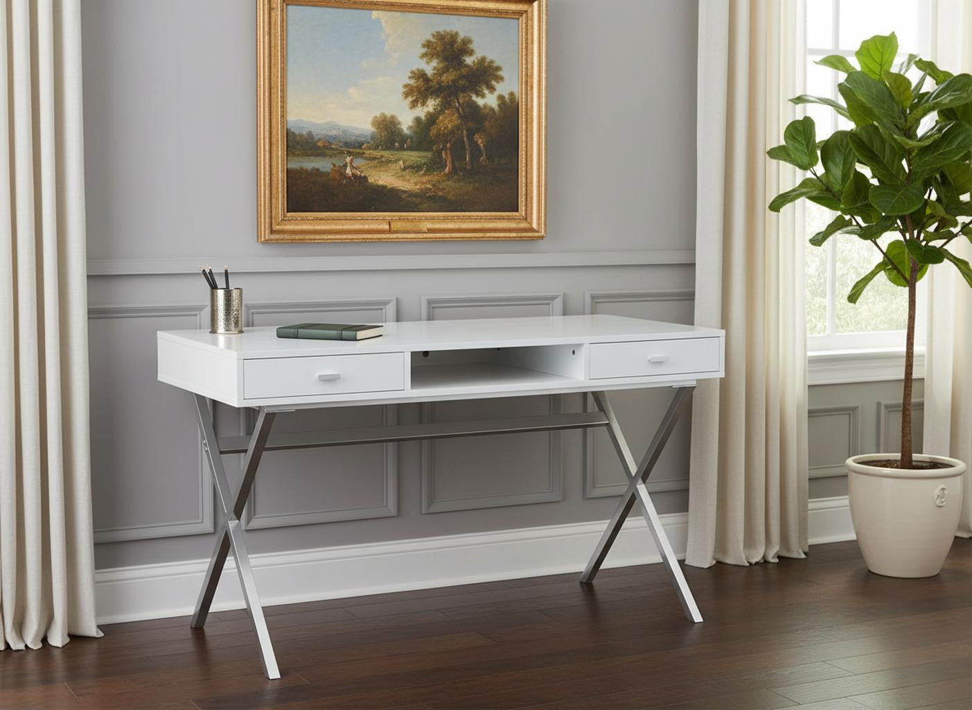 24" White and Silver Computer Desk With Two Drawers-Desks-DECOROLALA