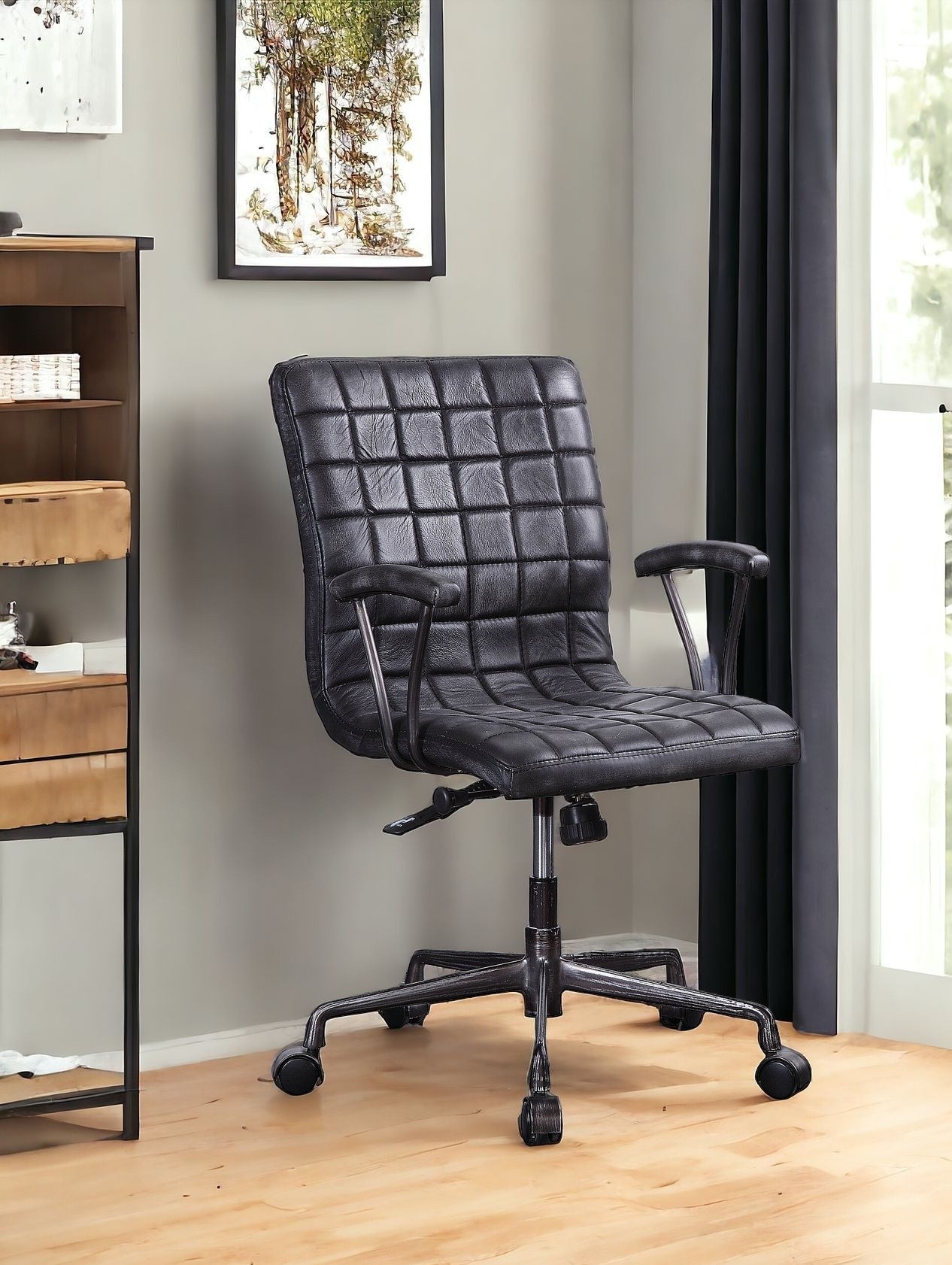 24" X 25" X 36" Vintage Black Top Grain Leather Aluminum Metal Upholstered (Seat) Casters Engineered Wood Executive Office Chair-Office Chairs-DECOROLALA