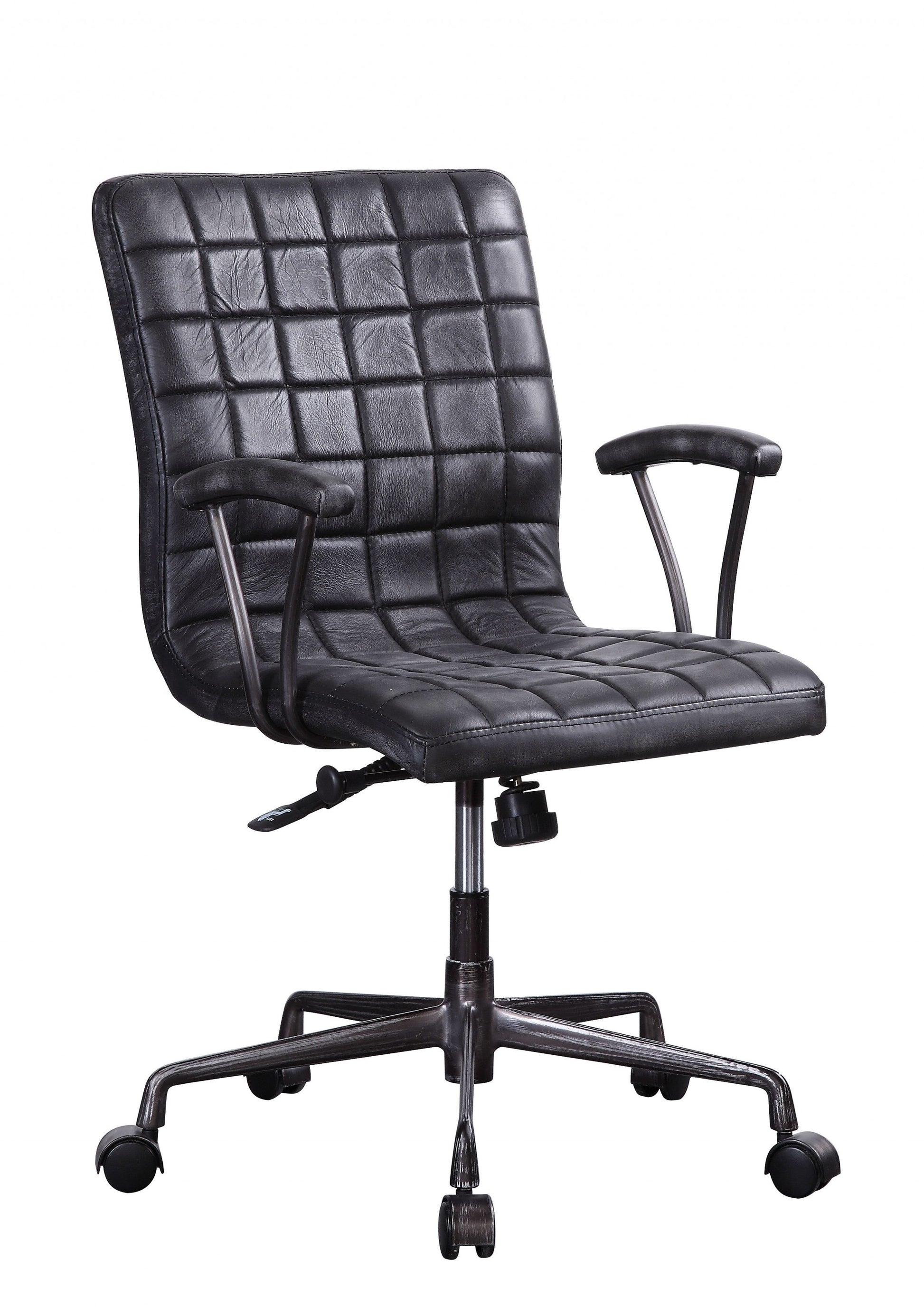 24" X 25" X 36" Vintage Black Top Grain Leather Aluminum Metal Upholstered (Seat) Casters Engineered Wood Executive Office Chair-Office Chairs-DECOROLALA