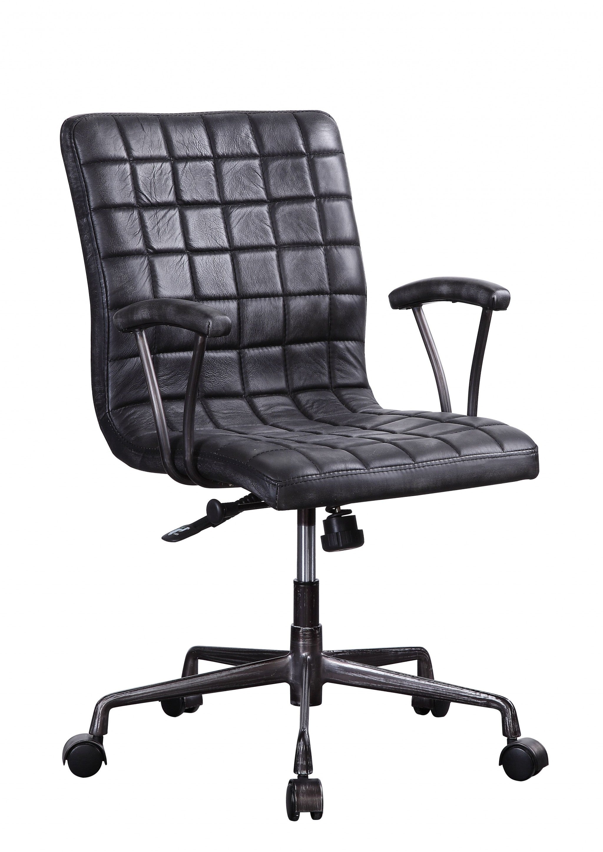 24" X 25" X 36" Vintage Black Top Grain Leather Aluminum Metal Upholstered (Seat) Casters Engineered Wood Executive Office Chair-Office Chairs-DECOROLALA