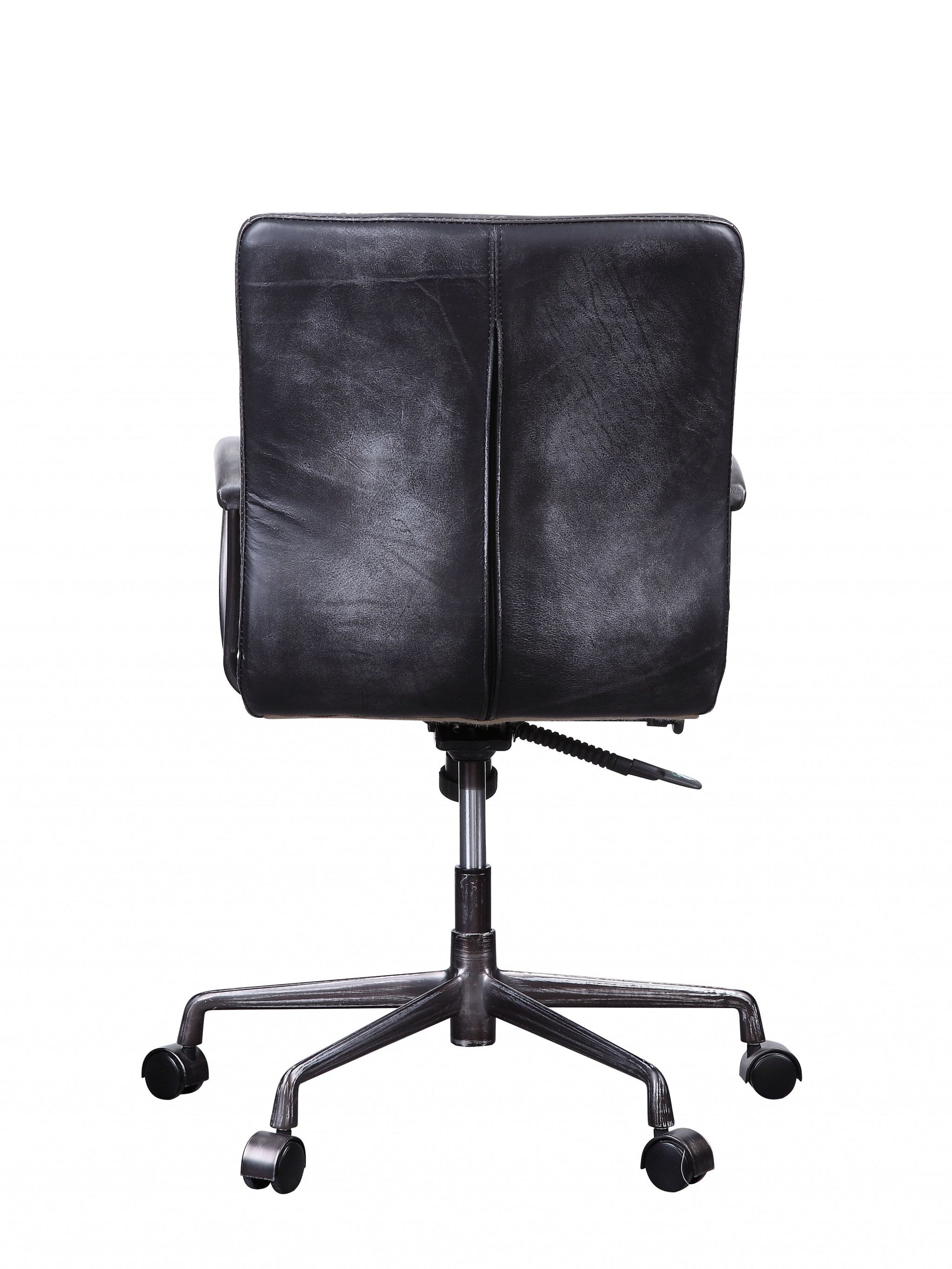 24" X 25" X 36" Vintage Black Top Grain Leather Aluminum Metal Upholstered (Seat) Casters Engineered Wood Executive Office Chair-Office Chairs-DECOROLALA