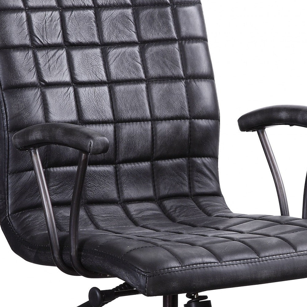 24" X 25" X 36" Vintage Black Top Grain Leather Aluminum Metal Upholstered (Seat) Casters Engineered Wood Executive Office Chair-Office Chairs-DECOROLALA