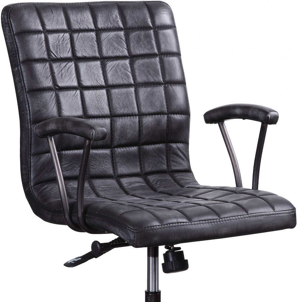 24" X 25" X 36" Vintage Black Top Grain Leather Aluminum Metal Upholstered (Seat) Casters Engineered Wood Executive Office Chair-Office Chairs-DECOROLALA