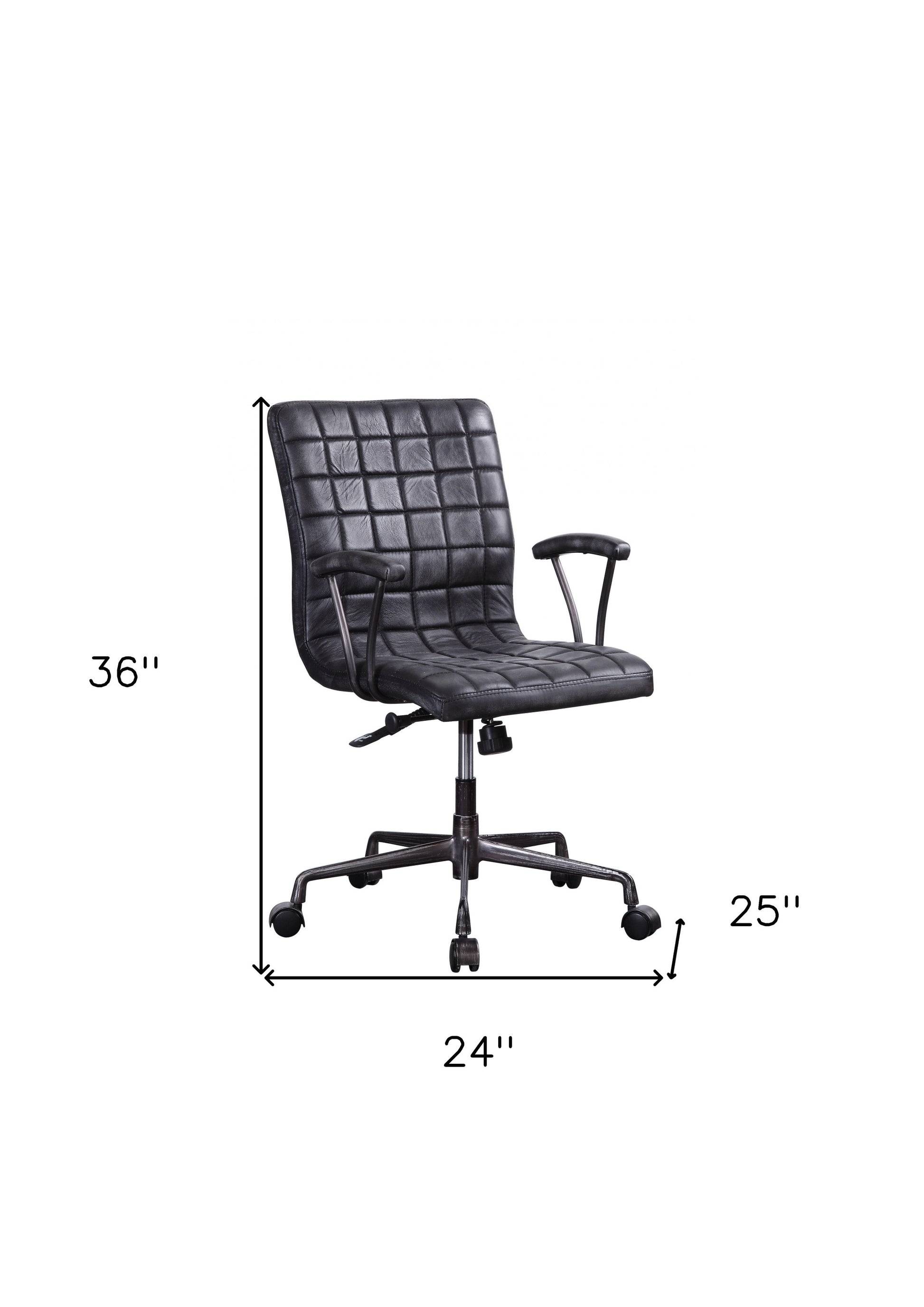 24" X 25" X 36" Vintage Black Top Grain Leather Aluminum Metal Upholstered (Seat) Casters Engineered Wood Executive Office Chair-Office Chairs-DECOROLALA