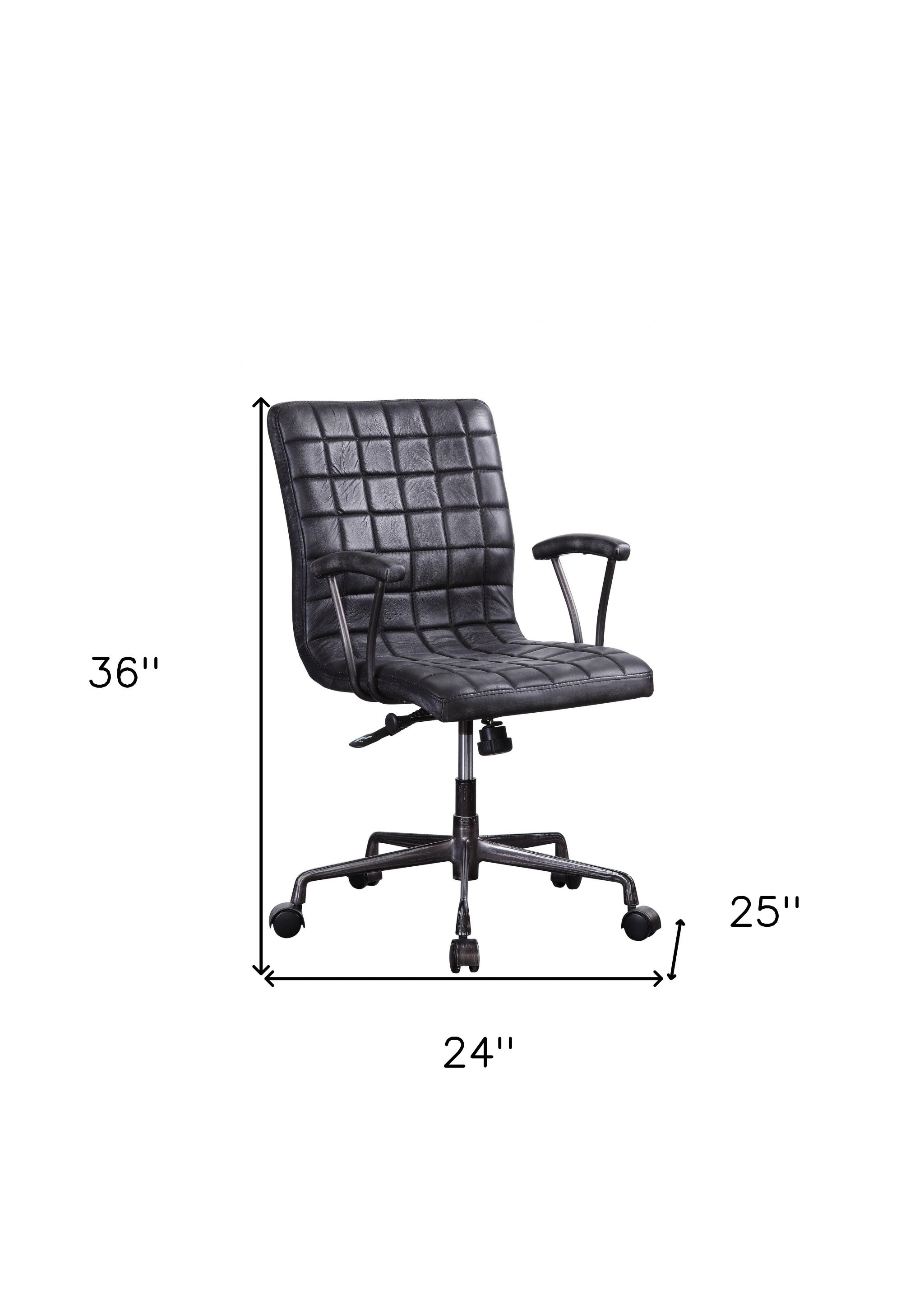 24" X 25" X 36" Vintage Black Top Grain Leather Aluminum Metal Upholstered (Seat) Casters Engineered Wood Executive Office Chair-Office Chairs-DECOROLALA
