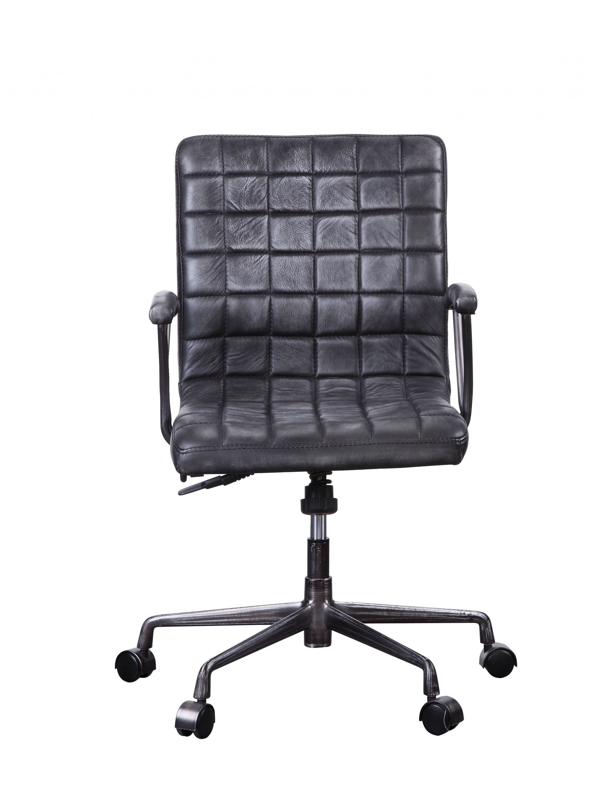 24" X 25" X 36" Vintage Black Top Grain Leather Aluminum Metal Upholstered (Seat) Casters Engineered Wood Executive Office Chair-Office Chairs-DECOROLALA