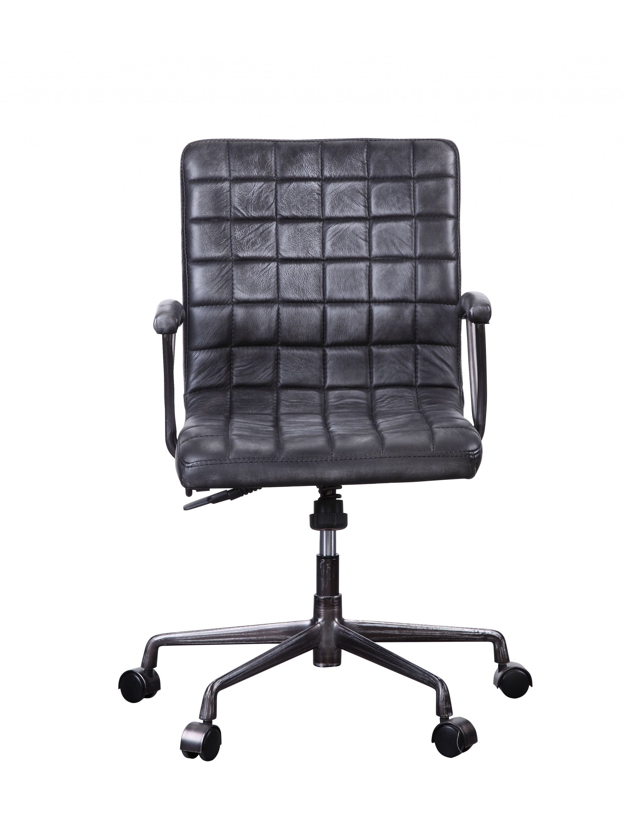 24" X 25" X 36" Vintage Black Top Grain Leather Aluminum Metal Upholstered (Seat) Casters Engineered Wood Executive Office Chair-Office Chairs-DECOROLALA