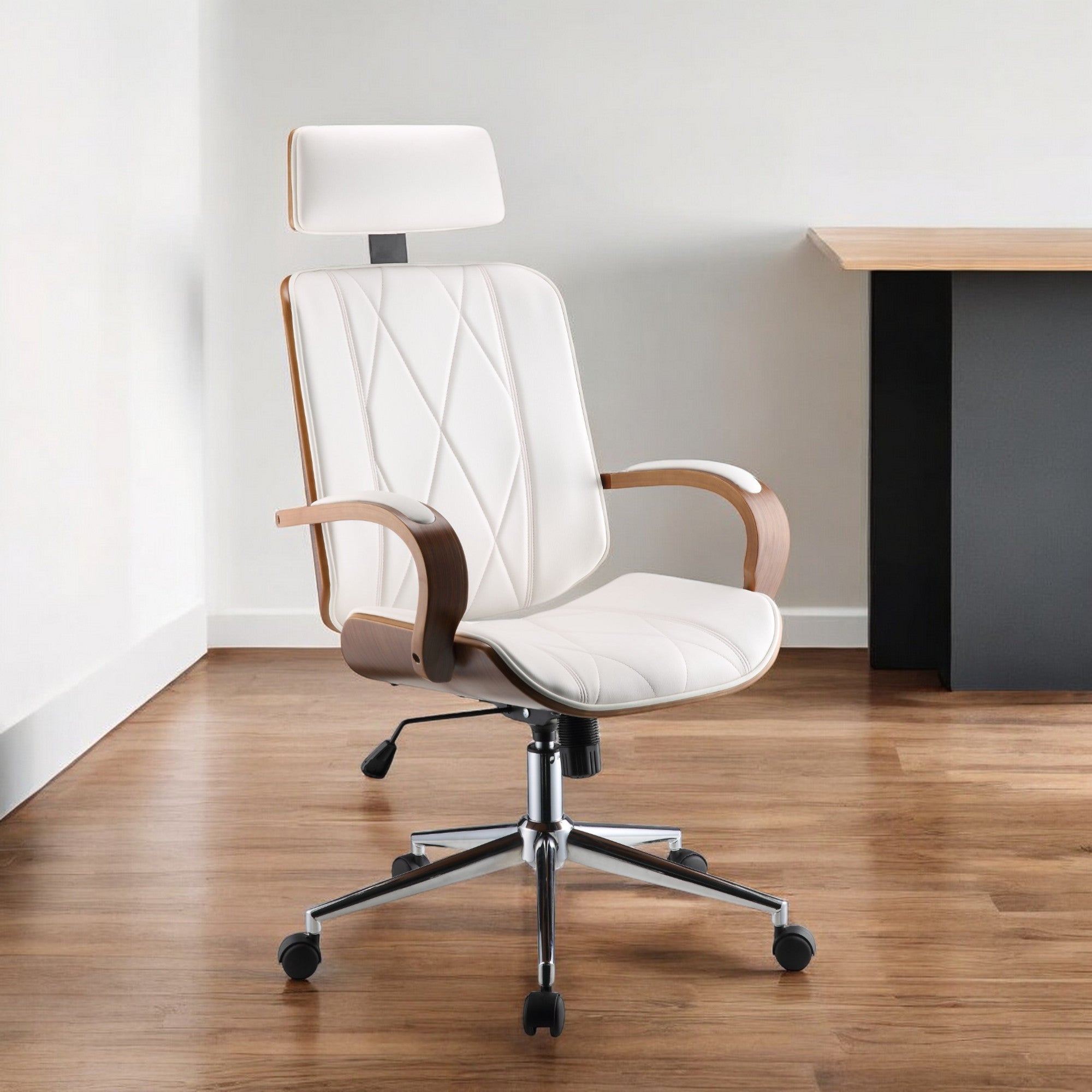 24" X 26" X 4649" White Leatherette And Walnut Office Chair-Office Chairs-DECOROLALA