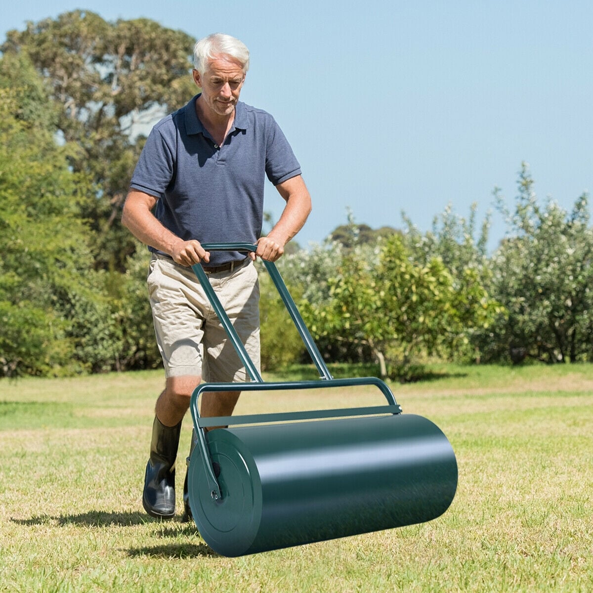 24 x 13 Inch Tow Lawn Roller Water Filled Metal Push Roller-Green-Lawn Care Tools-DECOROLALA