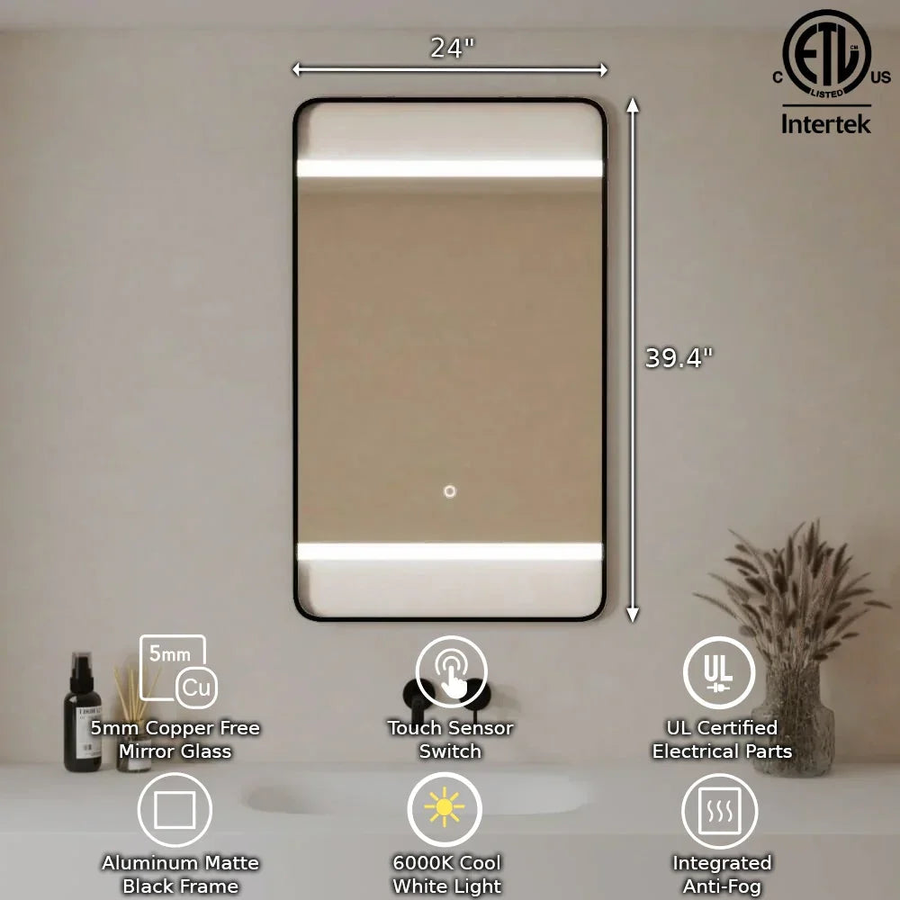 24" x 29.4" LED Bathroom Mirror with Premium Matte Black Aluminum Frame - Rounded Corner Anti-Fog Smart Mirror with Touch Sensor Control & 6000K Cool White Lighting-Migration_Mirrors-DECOROLALA