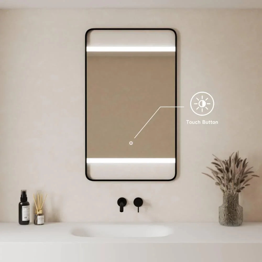 24" x 29.4" LED Bathroom Mirror with Premium Matte Black Aluminum Frame - Rounded Corner Anti-Fog Smart Mirror with Touch Sensor Control & 6000K Cool White Lighting-Migration_Mirrors-DECOROLALA