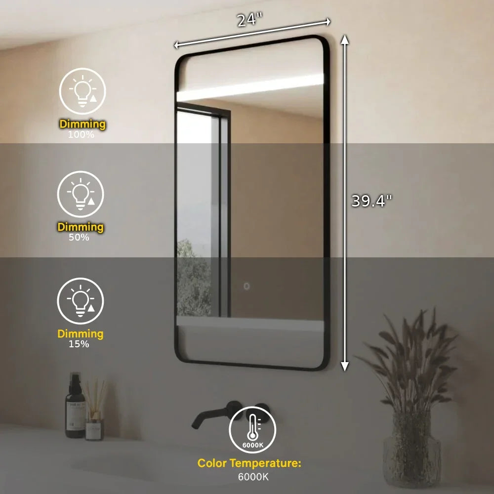 24" x 29.4" LED Bathroom Mirror with Premium Matte Black Aluminum Frame - Rounded Corner Anti-Fog Smart Mirror with Touch Sensor Control & 6000K Cool White Lighting-Migration_Mirrors-DECOROLALA