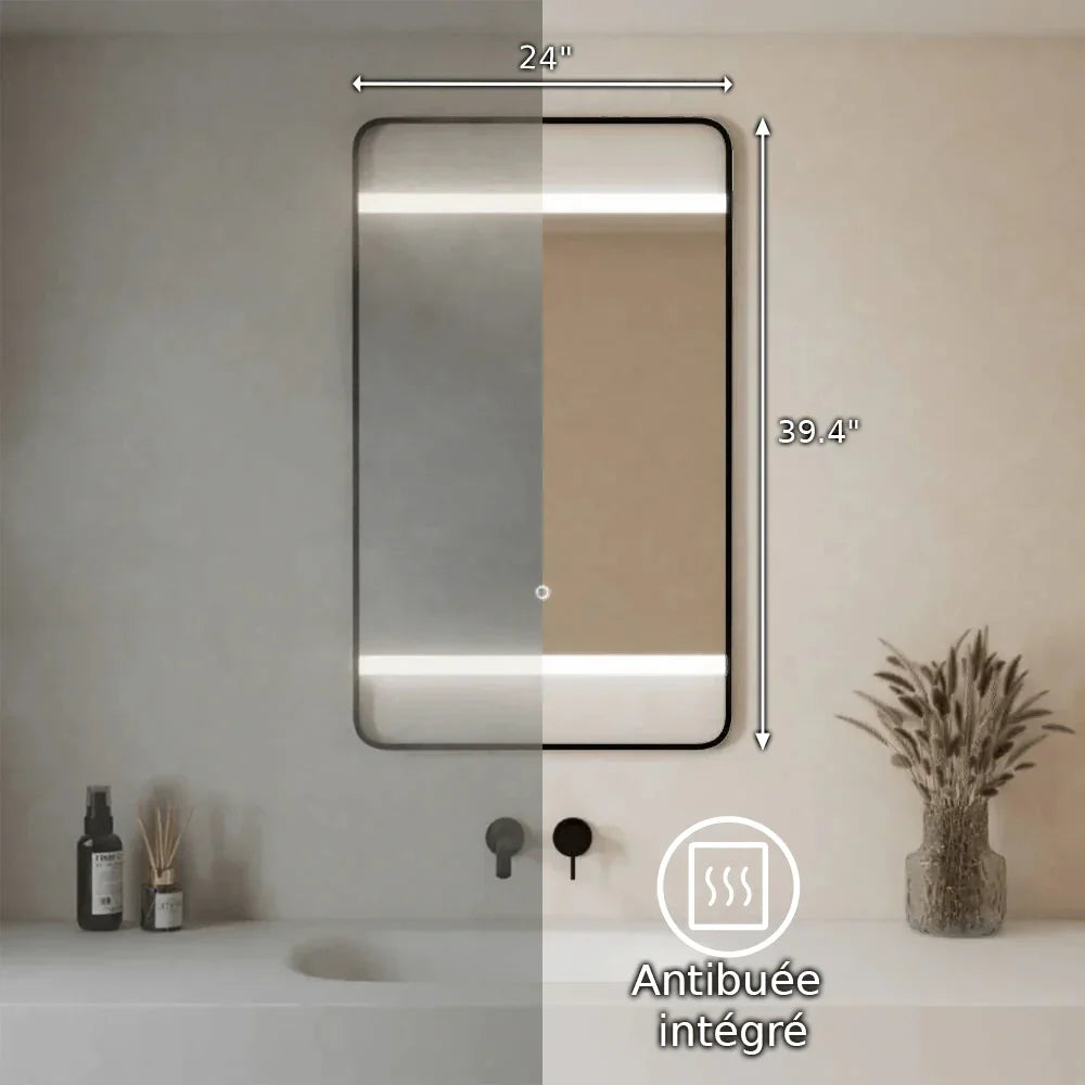 24" x 29.4" LED Bathroom Mirror with Premium Matte Black Aluminum Frame - Rounded Corner Anti-Fog Smart Mirror with Touch Sensor Control & 6000K Cool White Lighting-Migration_Mirrors-DECOROLALA