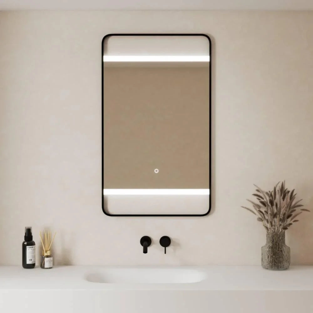 24" x 29.4" LED Bathroom Mirror with Premium Matte Black Aluminum Frame - Rounded Corner Anti-Fog Smart Mirror with Touch Sensor Control & 6000K Cool White Lighting-Migration_Mirrors-DECOROLALA