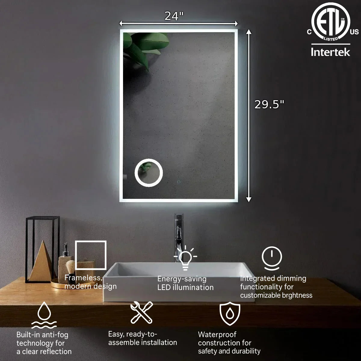 24" x 29.5" LED Bathroom Mirror with Built-in 3X Magnifying Mirror - Frameless Anti-Fog Smart Mirror with Dimming Control, Energy-Saving LED Lighting & Dual Mirror Design-Migration_Mirrors-DECOROLALA