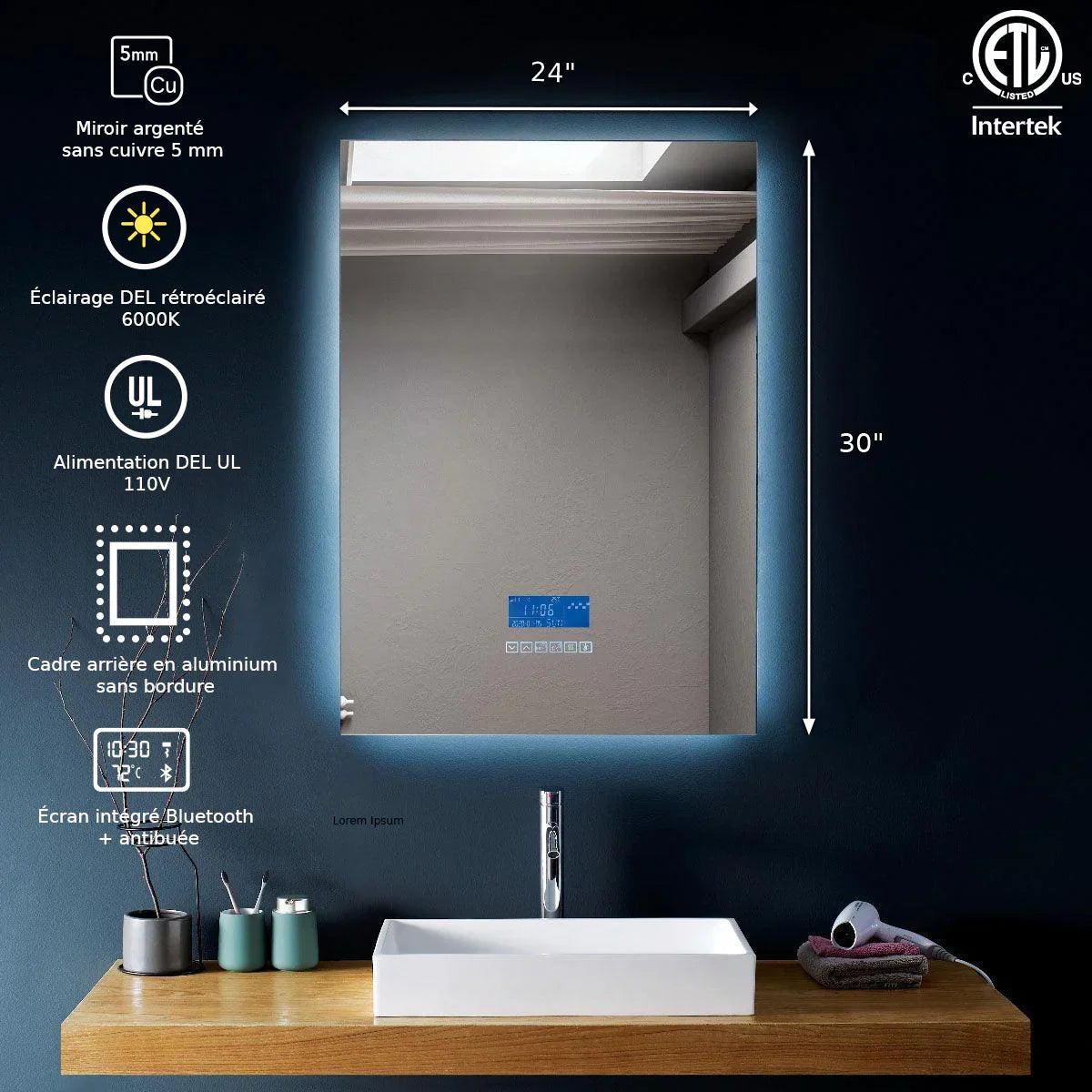 24" x 30" Smart LED Bathroom Mirror with Touch Screen Display - Bluetooth Mirror with Built-in Speakers, Automatic Anti-Fog Technology, Energy-Saving Lighting & Frameless Design-Migration_Mirrors-DECOROLALA