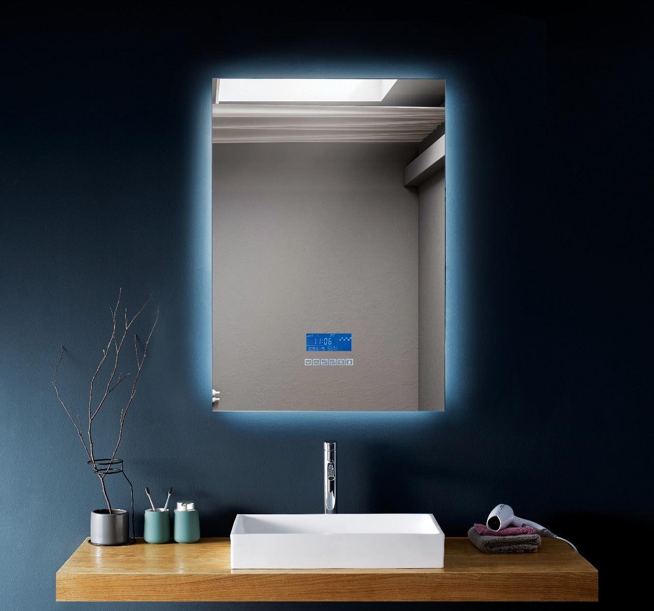 24" x 30" Smart LED Bathroom Mirror with Touch Screen Display - Bluetooth Mirror with Built-in Speakers, Automatic Anti-Fog Technology, Energy-Saving Lighting & Frameless Design-Migration_Mirrors-DECOROLALA