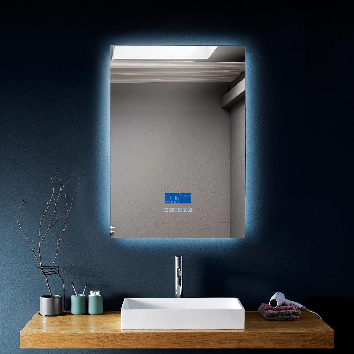 24" x 30" Smart LED Bathroom Mirror with Touch Screen Display - Bluetooth Mirror with Built-in Speakers, Automatic Anti-Fog Technology, Energy-Saving Lighting & Frameless Design-Migration_Mirrors-DECOROLALA