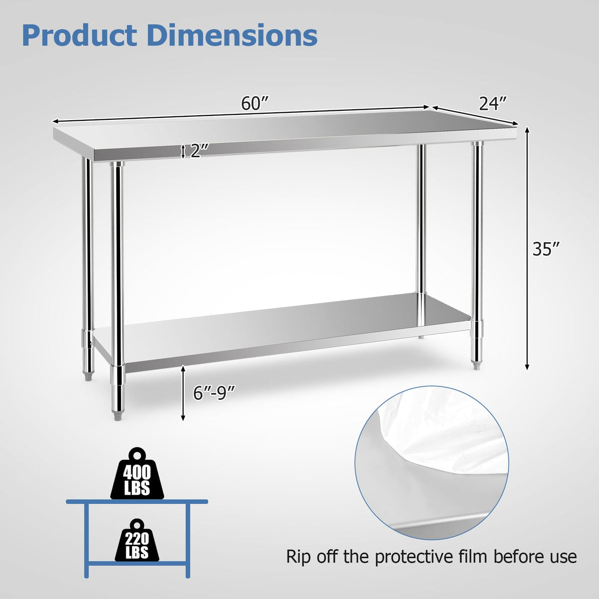 24 x 60 Inches Stainless Steel Kitchen Prep Work Table with Adjustable Undershelf-Kitchen Tools-DECOROLALA