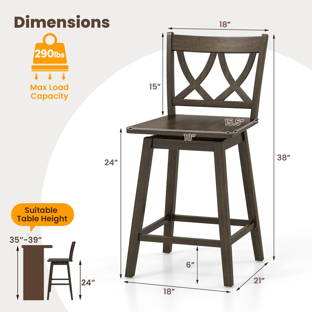 24/29 Inch Bar Stool Set of 2 Wooden Bar Chairs with Rubber Wood Frame-24 inches-Bar Stools-DECOROLALA