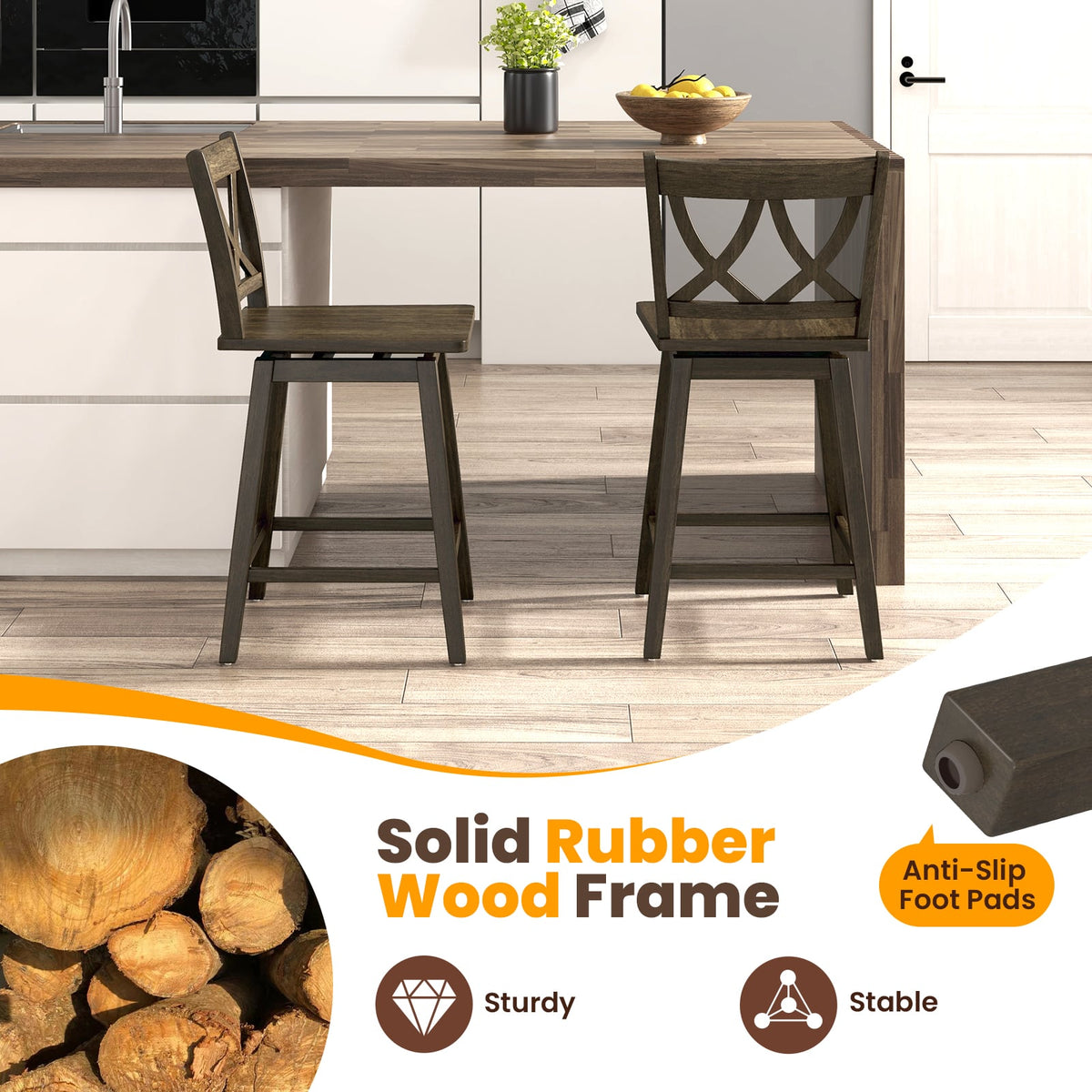 24/29 Inch Bar Stool Set of 2 Wooden Bar Chairs with Rubber Wood Frame-24 inches-Bar Stools-DECOROLALA