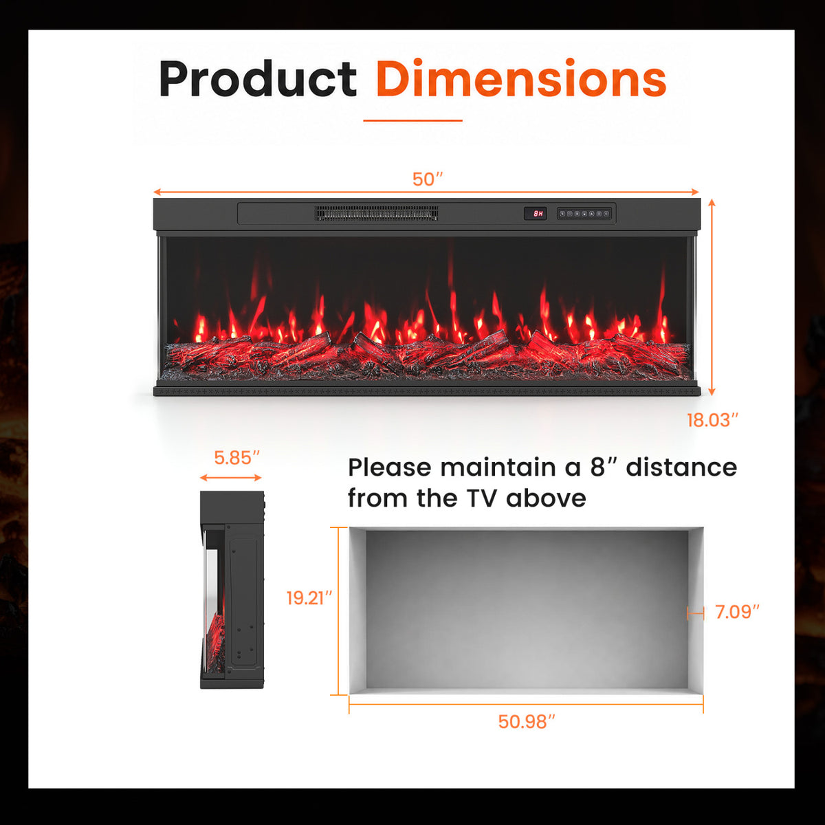 24/40/50/60 Inch 3-Sided Built-in Electric Fireplace Insert with 12 Flame Colors-50"-Fireplaces-DECOROLALA