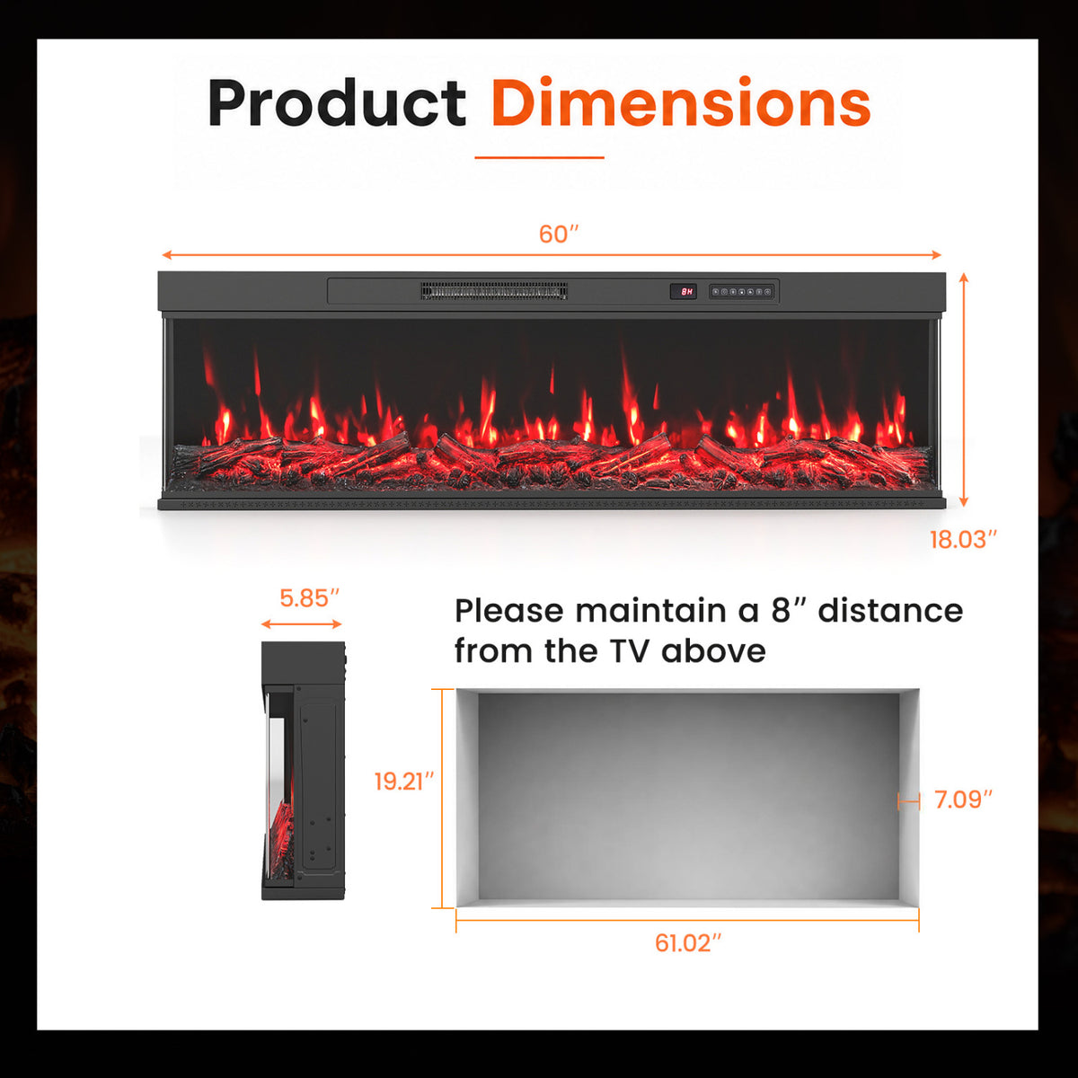 24/40/50/60 Inch 3-Sided Built-in Electric Fireplace Insert with 12 Flame Colors-60"-Fireplaces-DECOROLALA
