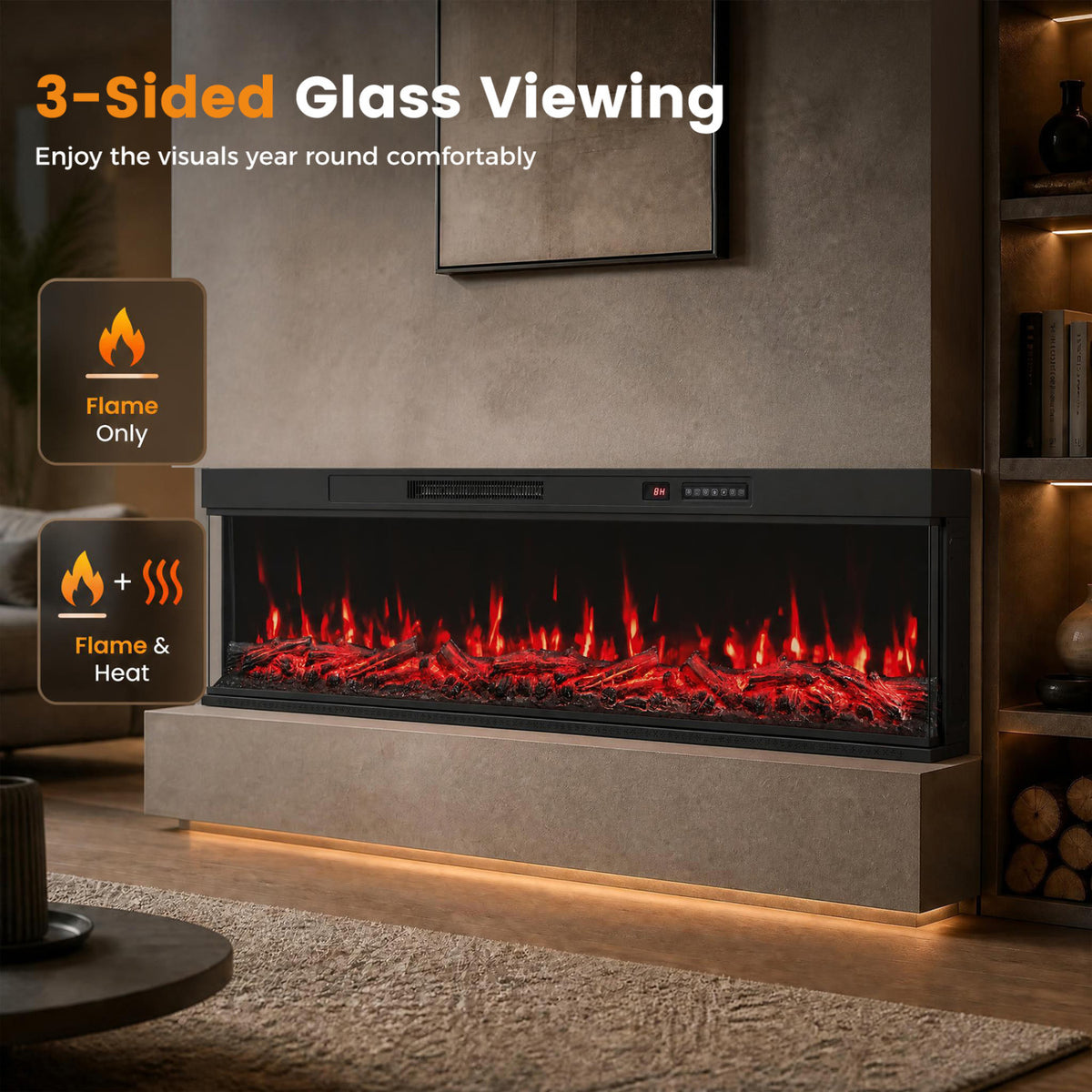 24/40/50/60 Inch 3-Sided Built-in Electric Fireplace Insert with 12 Flame Colors-60"-Fireplaces-DECOROLALA