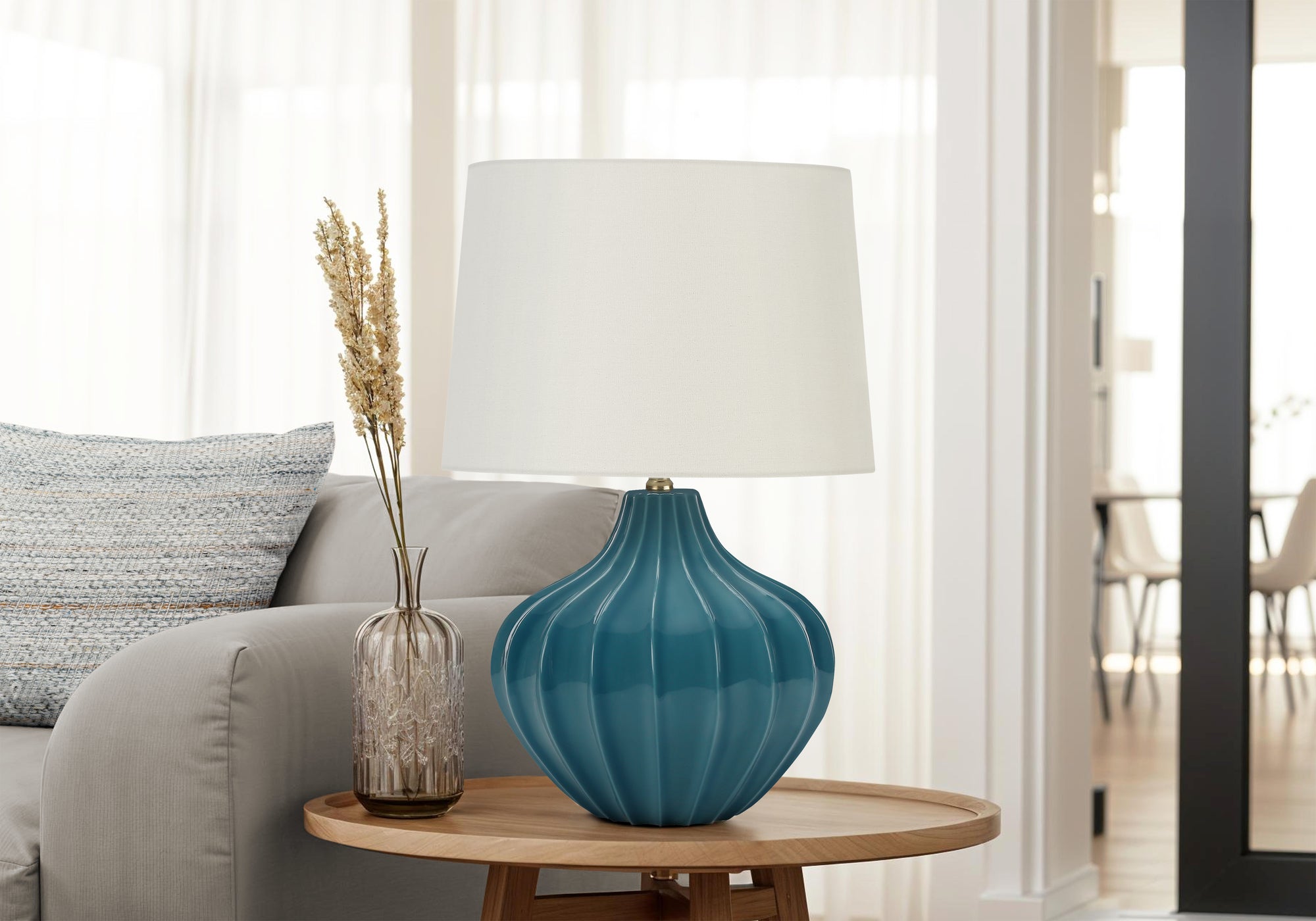 24"H Blue Ceramic Table Lamp with Ivory Shade-Lighting-DECOROLALA