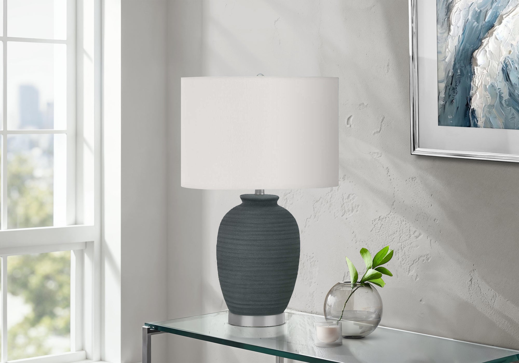 24"H Blue Ceramic Table Lamp with Ivory Shade-Lighting-DECOROLALA
