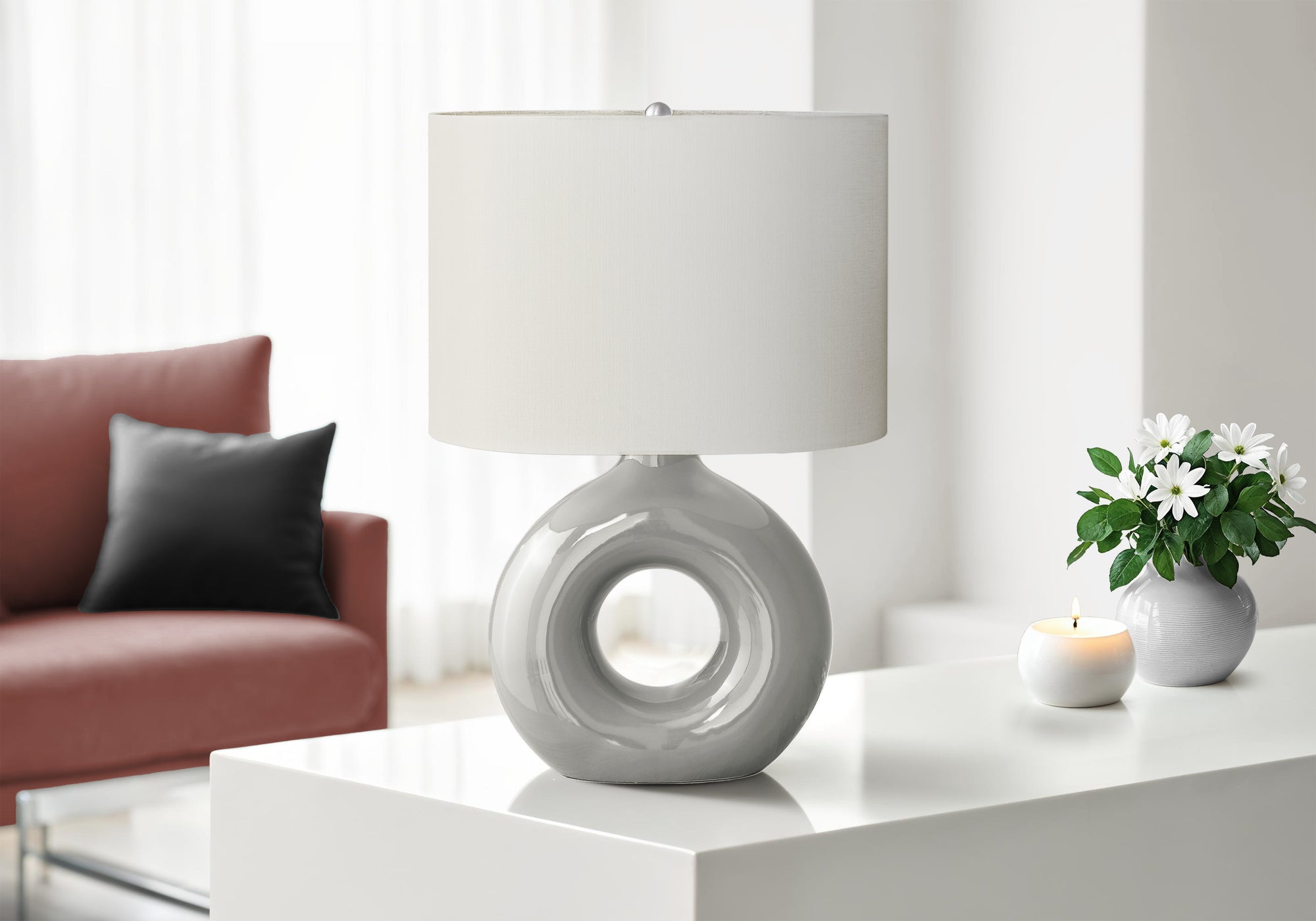 24"H Grey Ceramic Table Lamp with Ivory Shade-Lighting-DECOROLALA