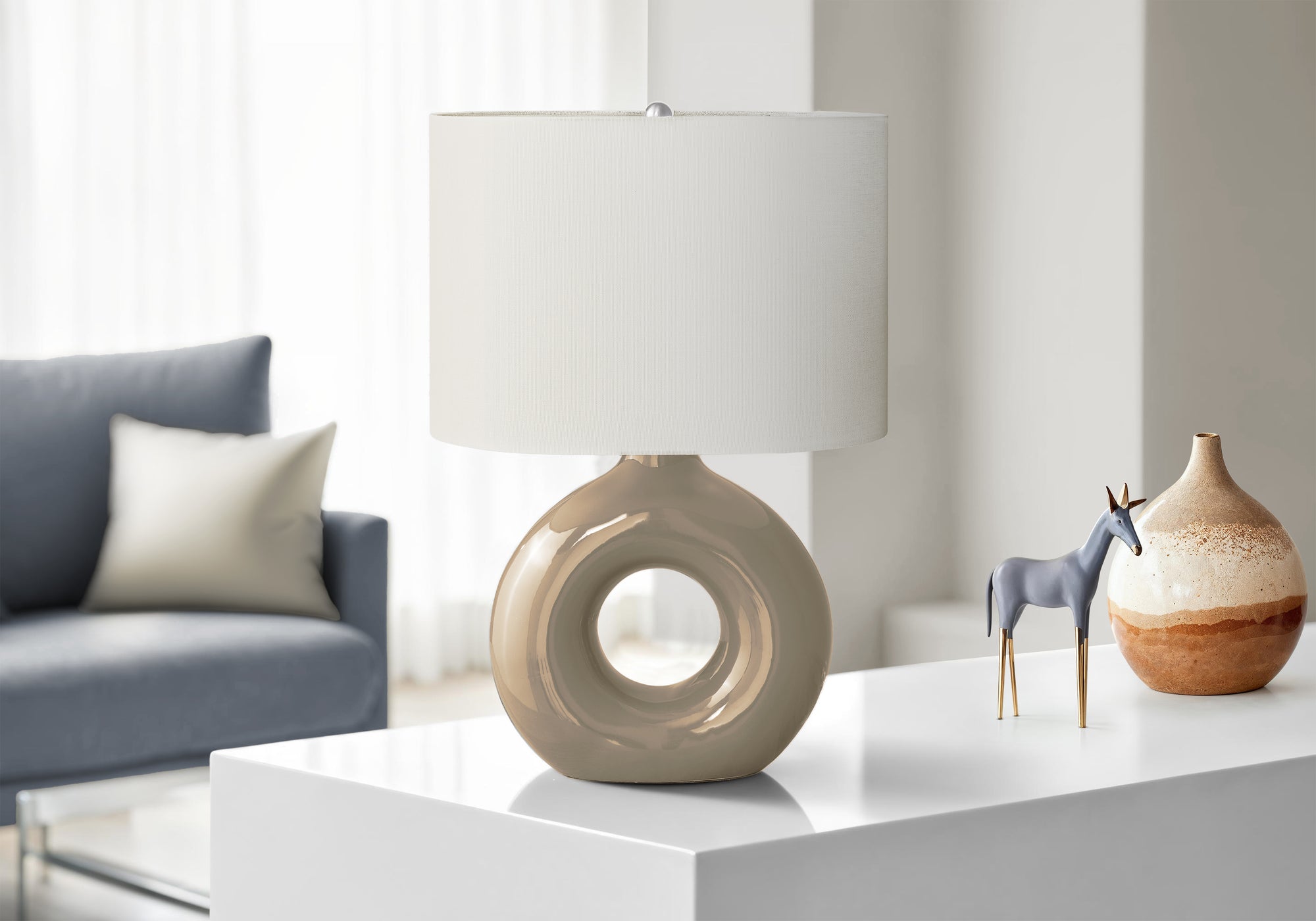 24"H Grey Ceramic Table Lamp with Ivory Shade-Lighting-DECOROLALA