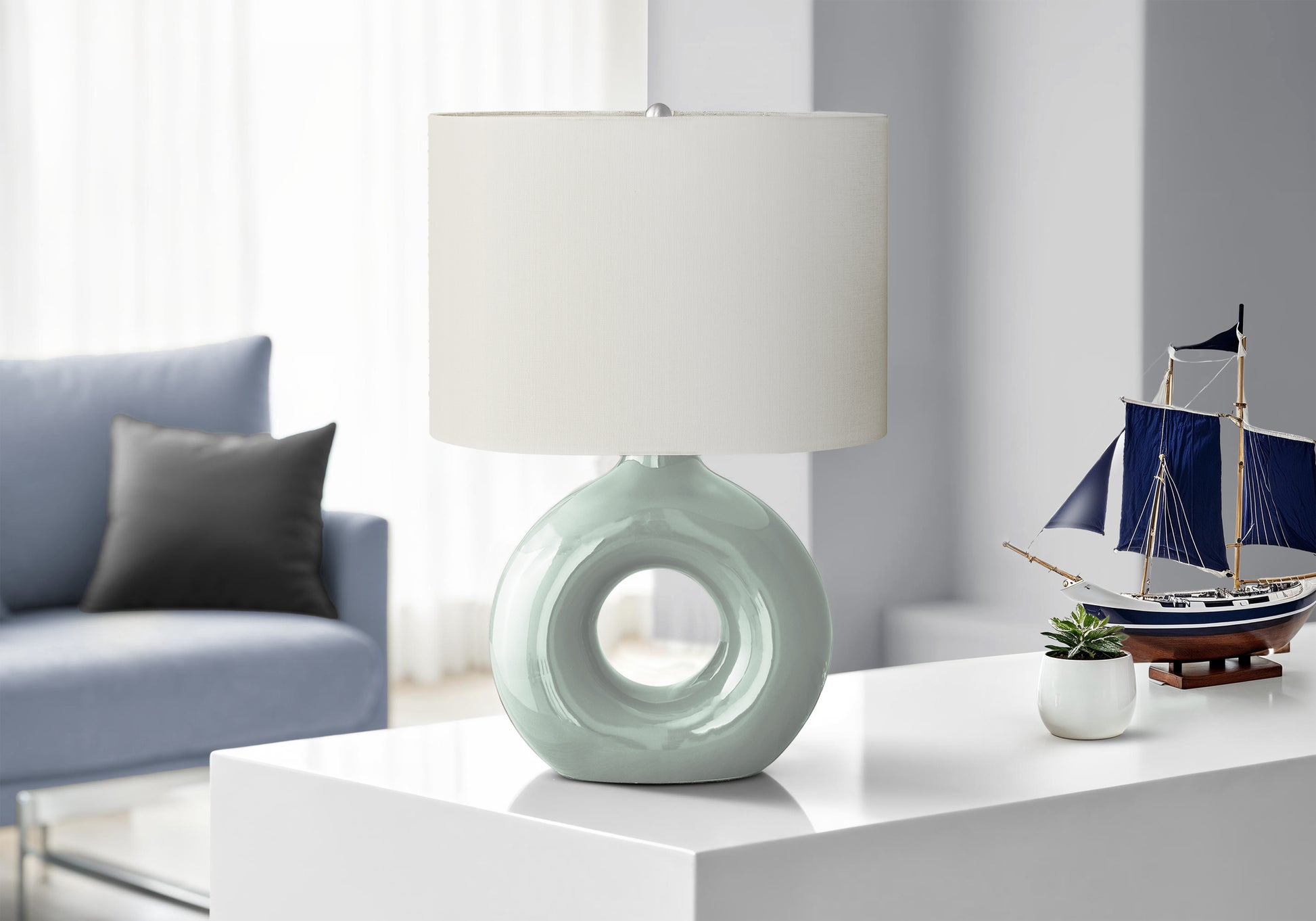 24"H Grey Ceramic Table Lamp with Ivory Shade-Lighting-DECOROLALA