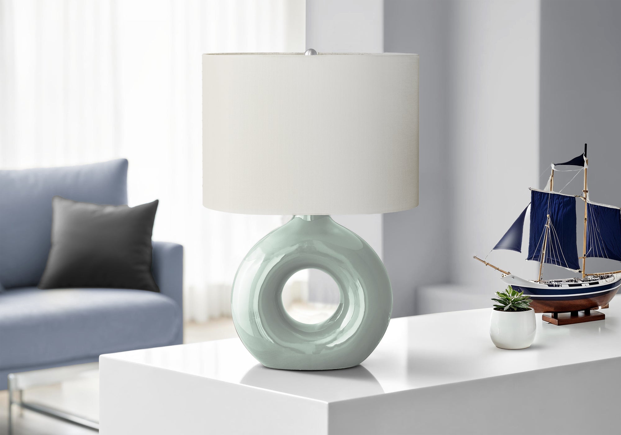 24"H Grey Ceramic Table Lamp with Ivory Shade-Lighting-DECOROLALA