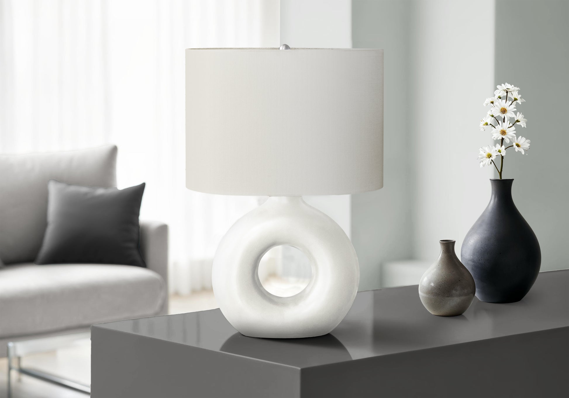 24"H Grey Ceramic Table Lamp with Ivory Shade-Lighting-DECOROLALA
