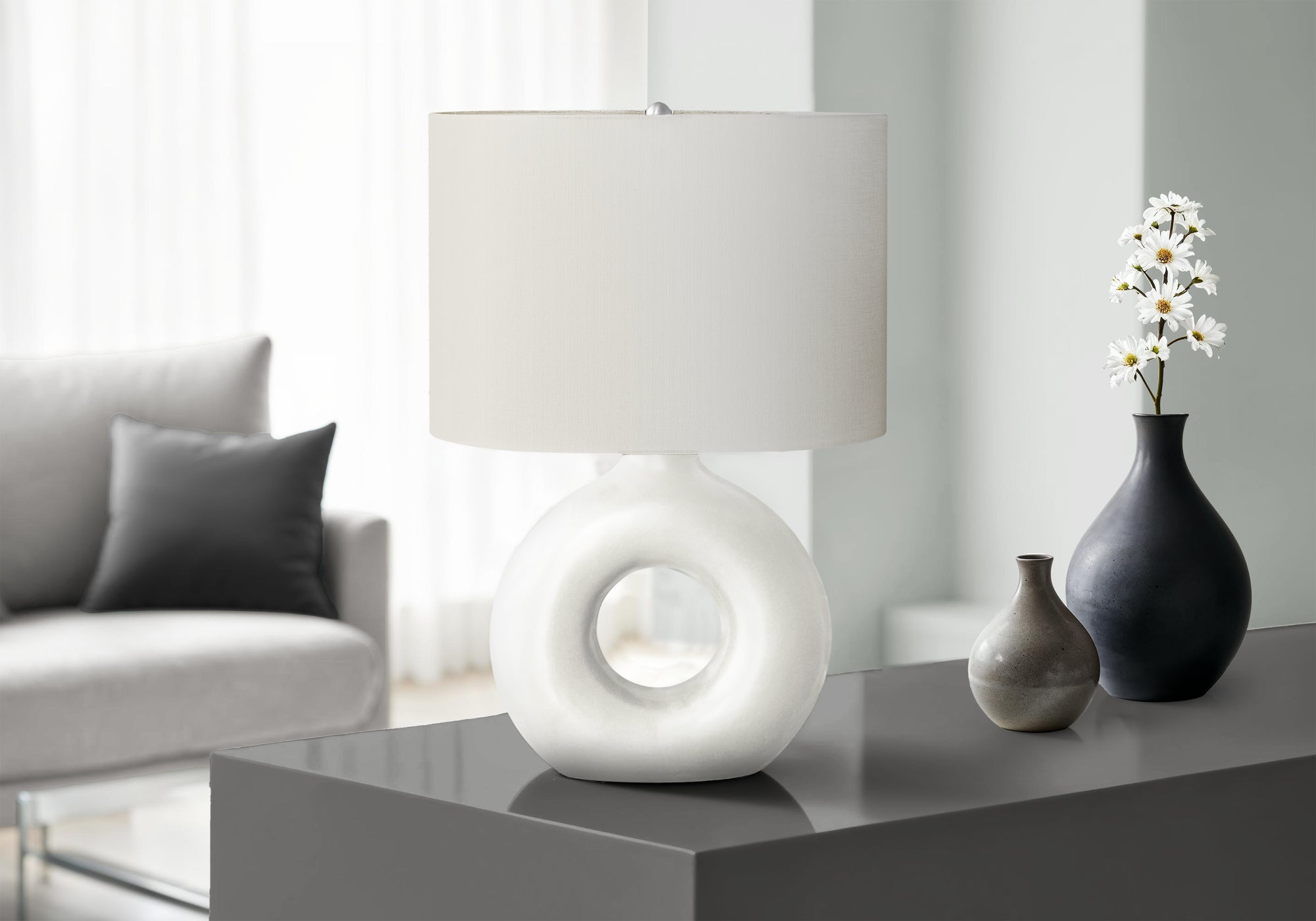 24"H Grey Ceramic Table Lamp with Ivory Shade-Lighting-DECOROLALA