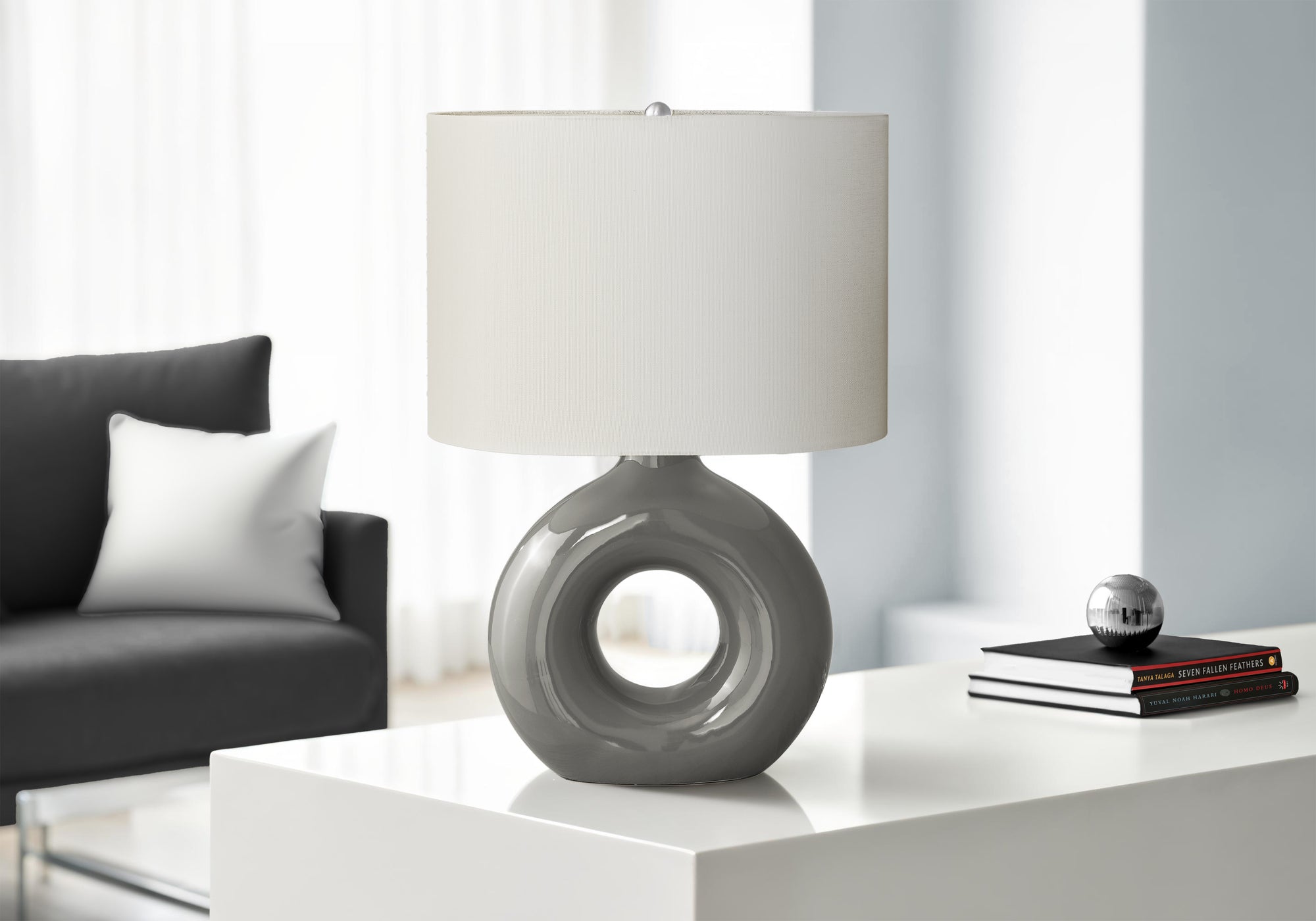 24"H Grey Ceramic Table Lamp with Ivory Shade-Lighting-DECOROLALA
