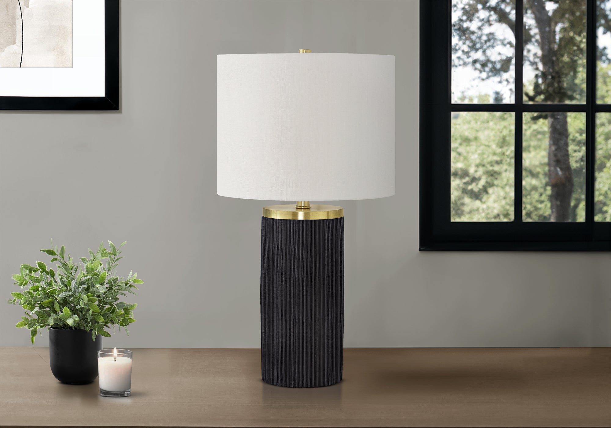 24"H Table Lamp Black Concrete Base Ivory Shade-Lighting-DECOROLALA